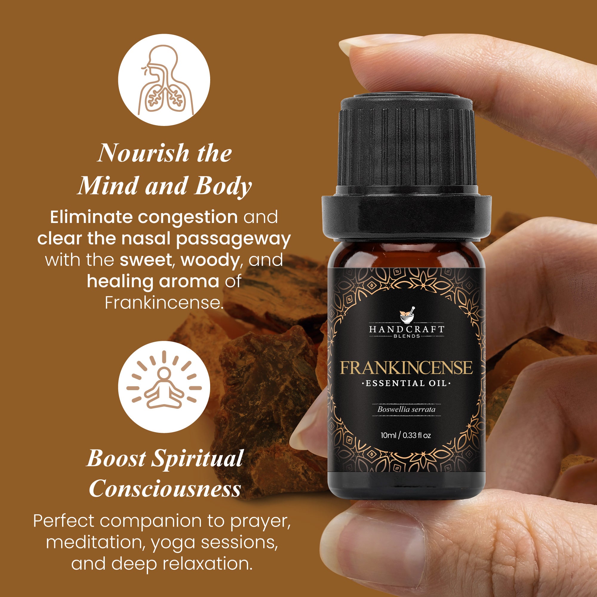 Hand holding a 10ml bottle of frankincense essential oil with text on benefits and brown background.