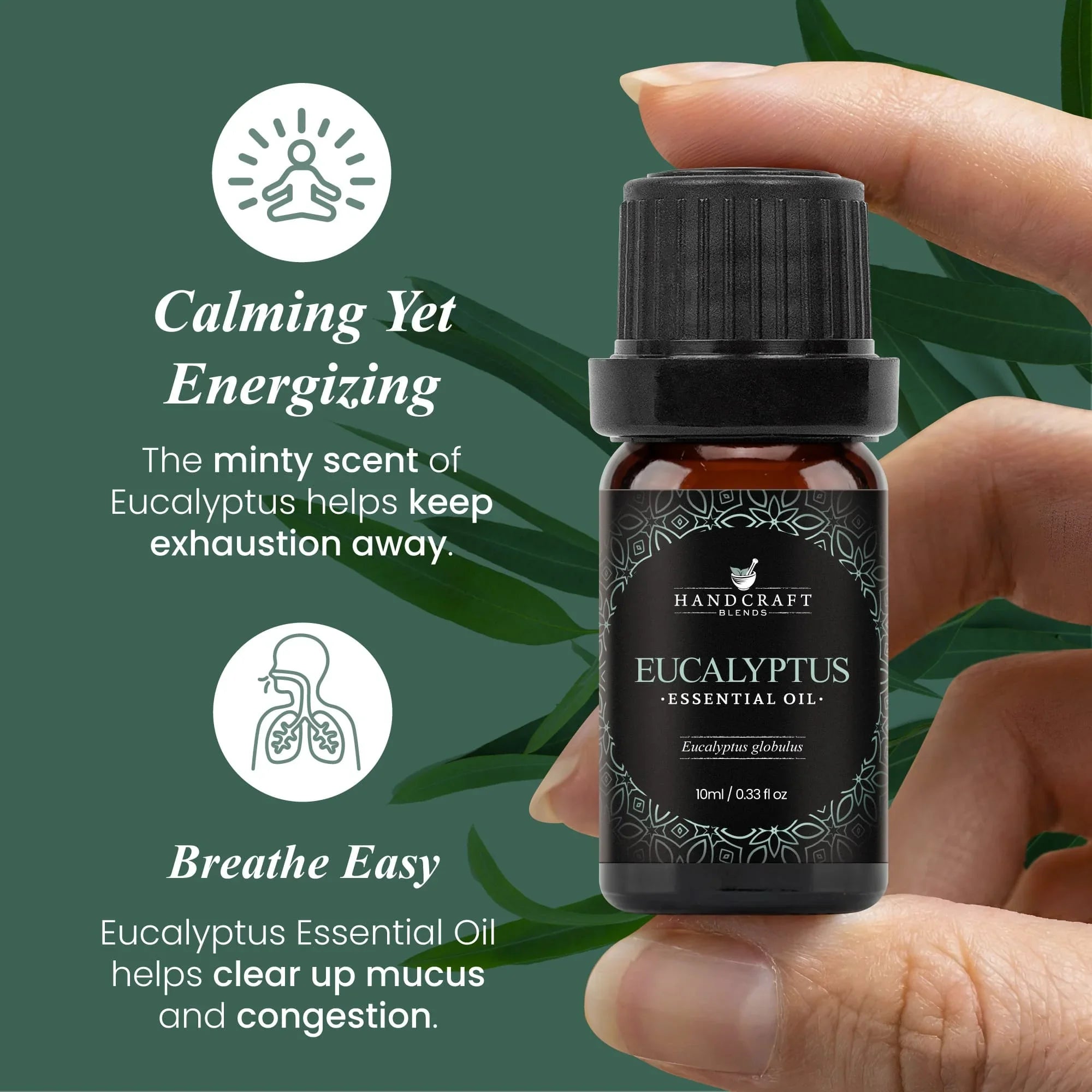 Hand holding eucalyptus essential oil bottle, green background with leaves and calming benefits text.