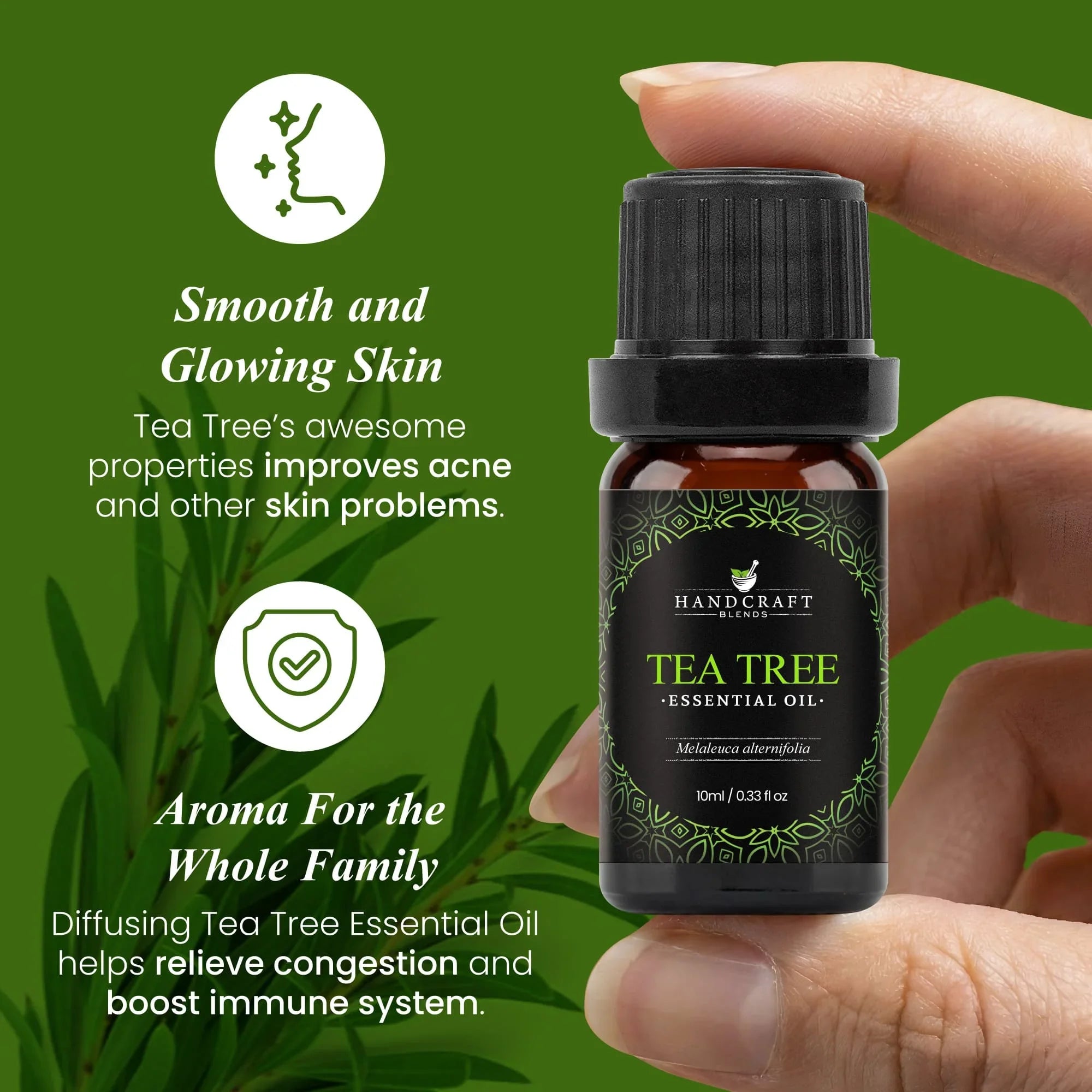 Hand holding 10ml bottle of tea tree essential oil with green background, healing and aromatherapy benefits highlighted.