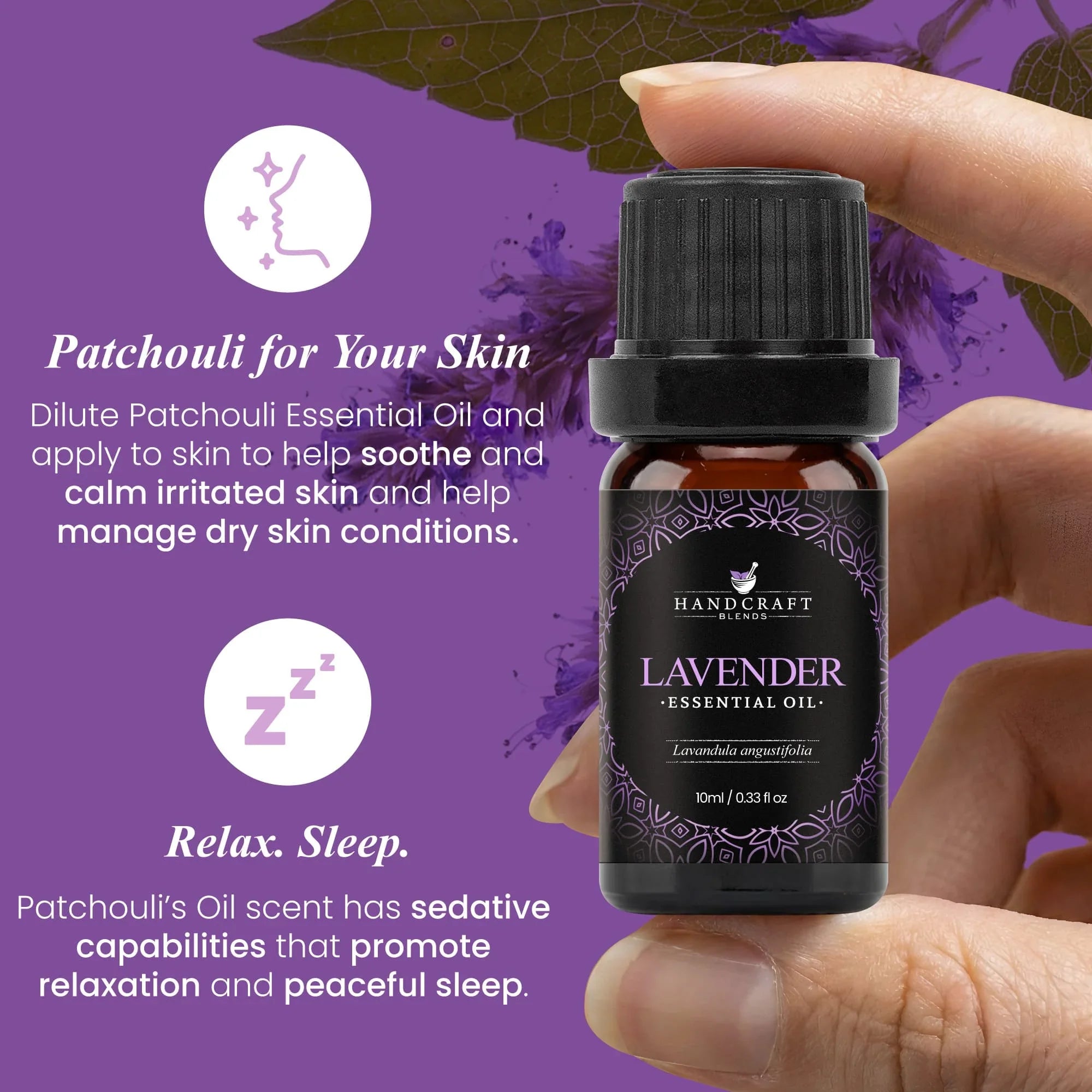 Hand holding a 0.33 oz bottle of lavender essential oil with text on soothing skin and promoting sleep.