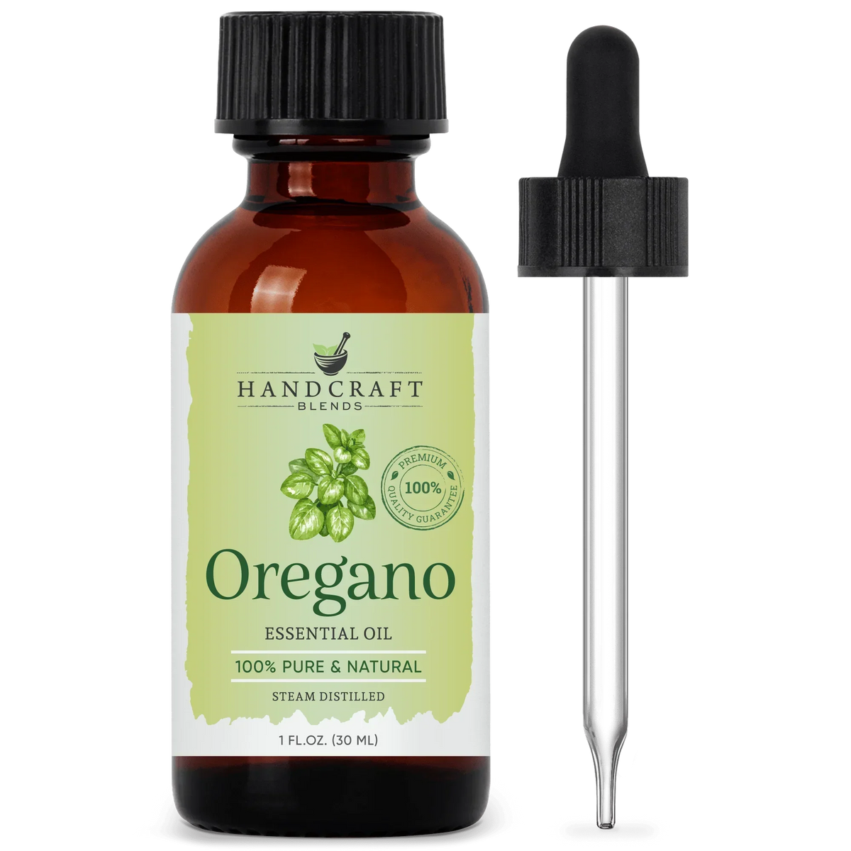 Amber glass bottle of oregano essential oil with dropper, labeled 100% pure and natural.