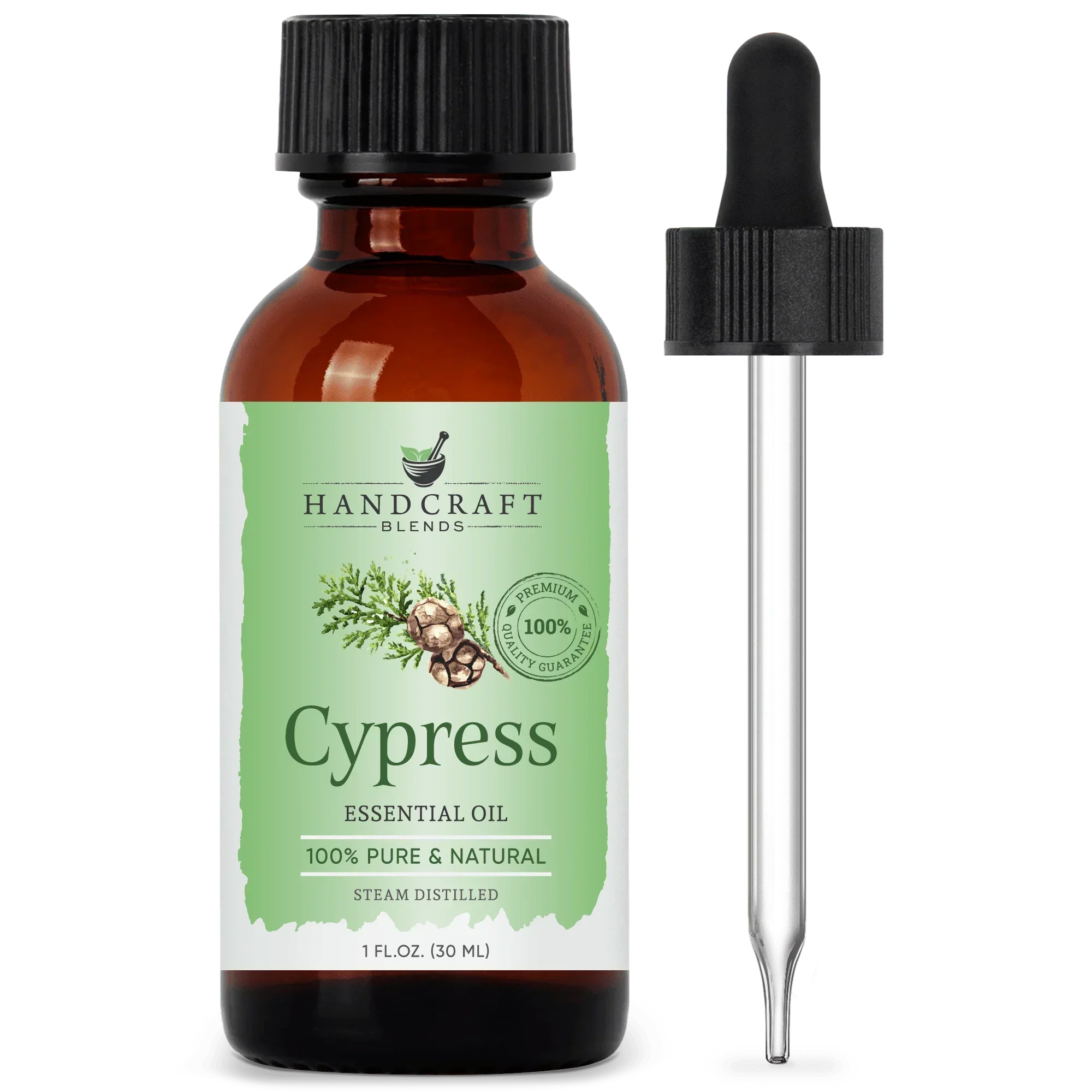 Cypress essential oil 1 oz amber bottle with dropper, pure natural aromatherapy.