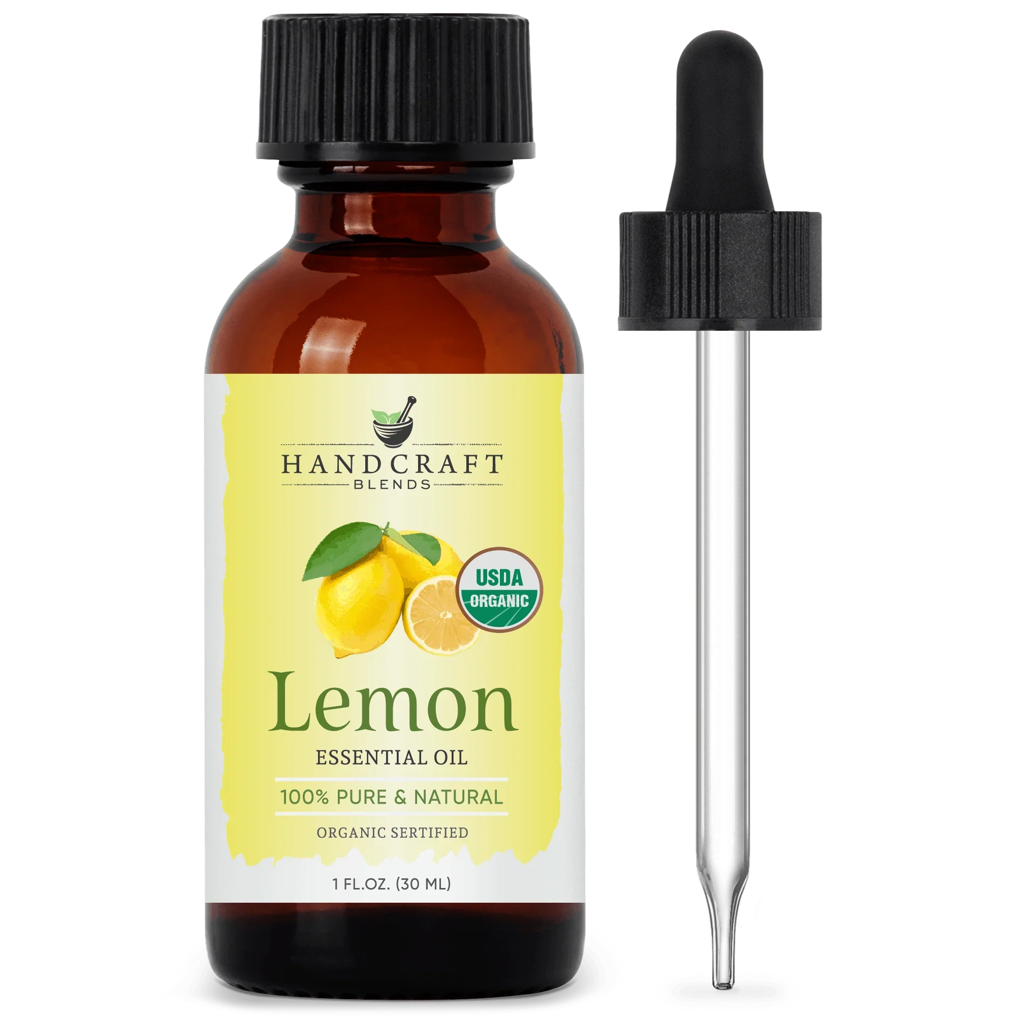 Lemon essential oil bottle with dropper, organic label, and lemon fruit illustration