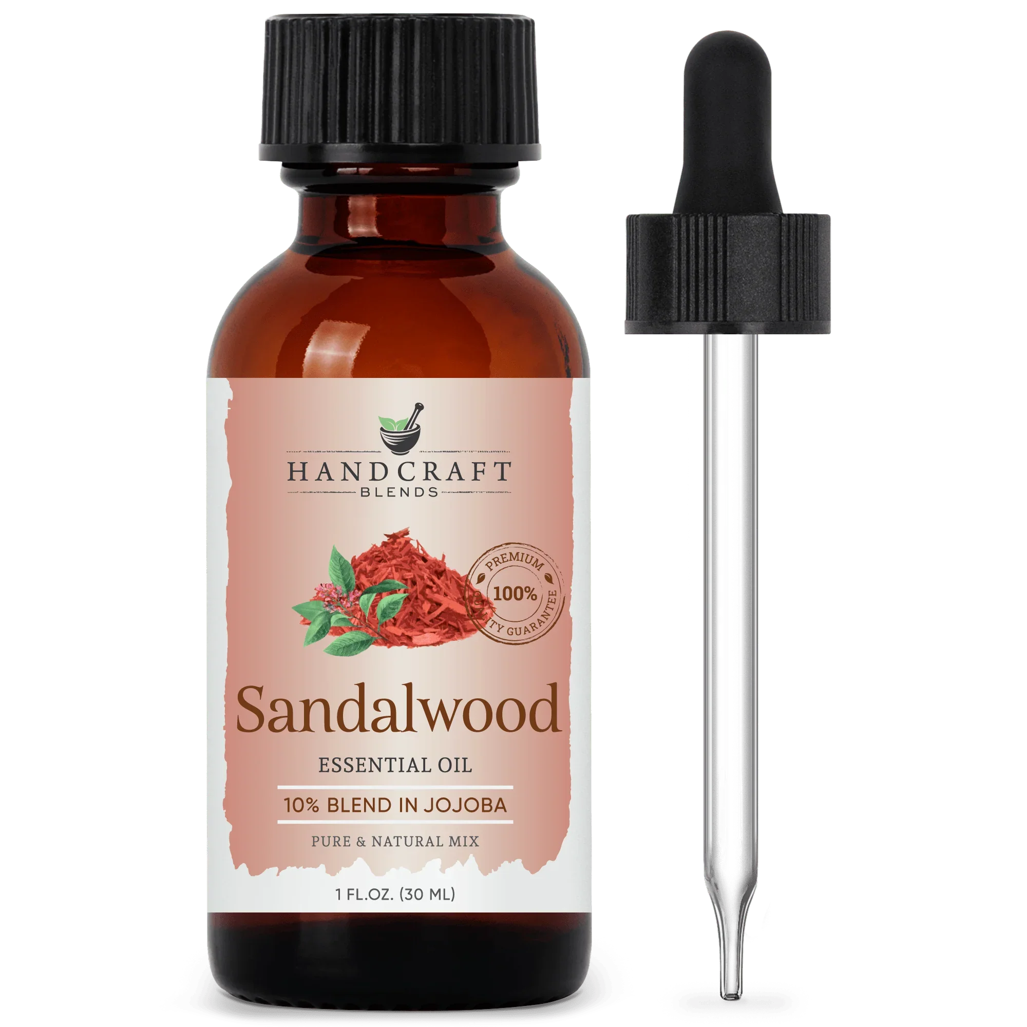 Sandalwood essential oil 1oz amber bottle with dropper, 10% blend in jojoba