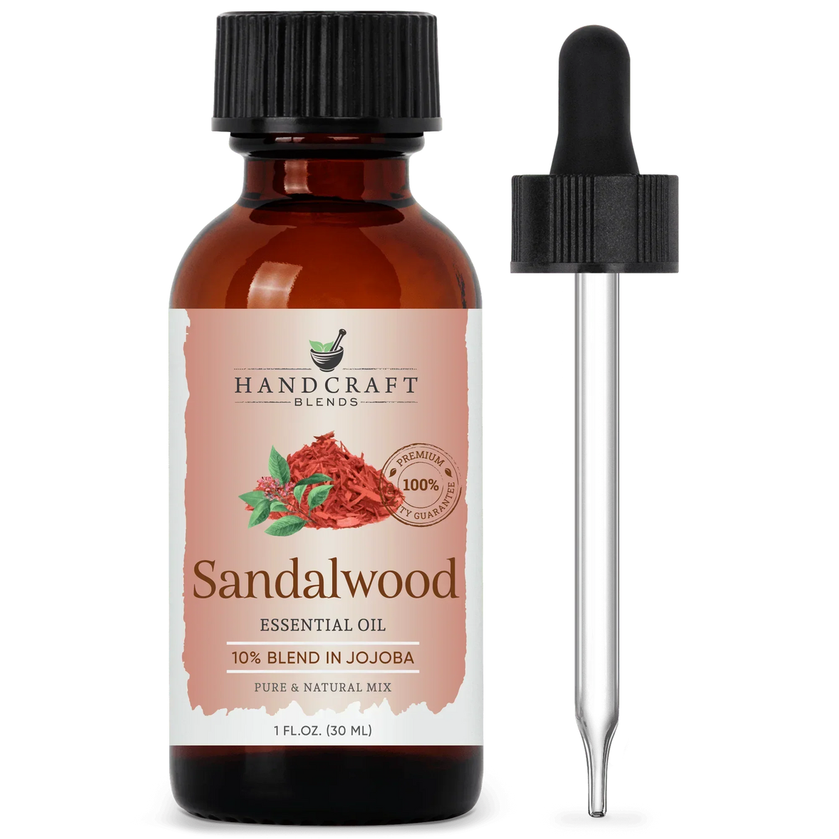 Sandalwood essential oil 1oz amber bottle with dropper, 10% blend in jojoba