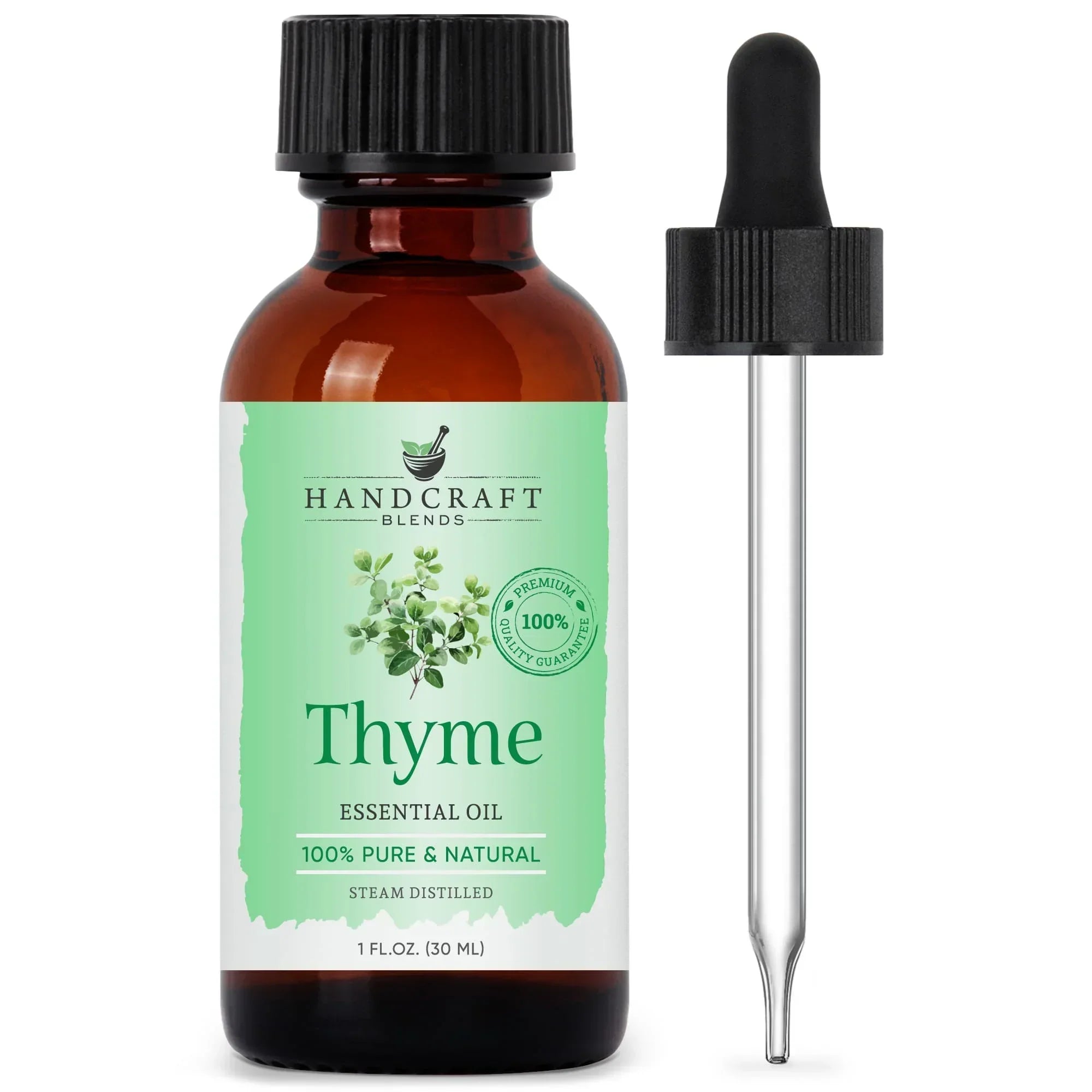 Amber glass bottle of thyme essential oil with dropper, labeled 100% pure and natural.