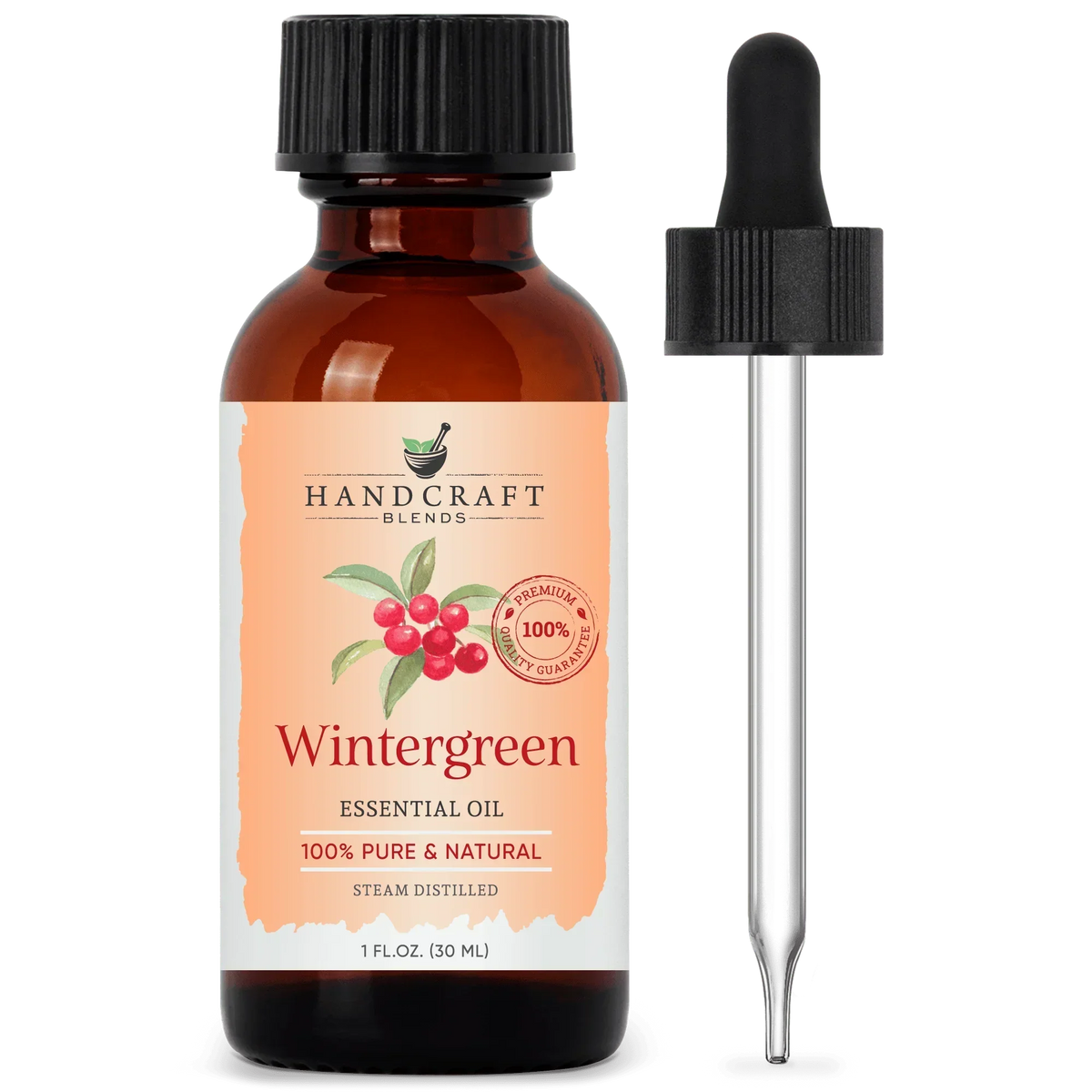 Wintergreen essential oil bottle with dropper, 1 oz amber glass, aromatherapy product