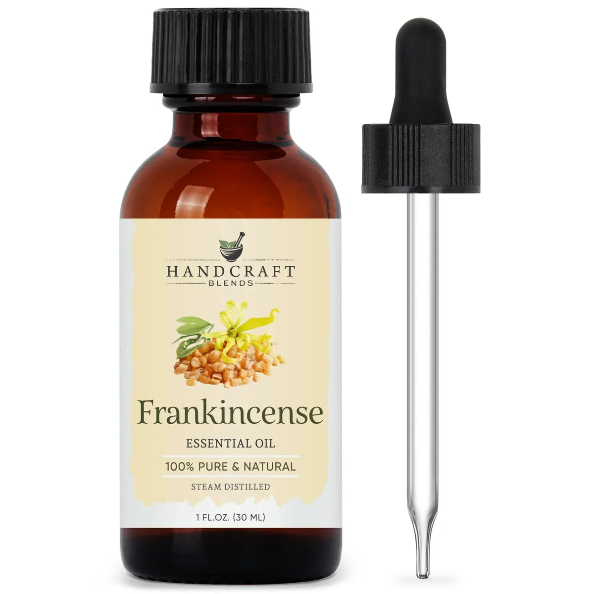 Amber bottle of frankincense essential oil with dropper, 1 oz size, for aromatherapy use