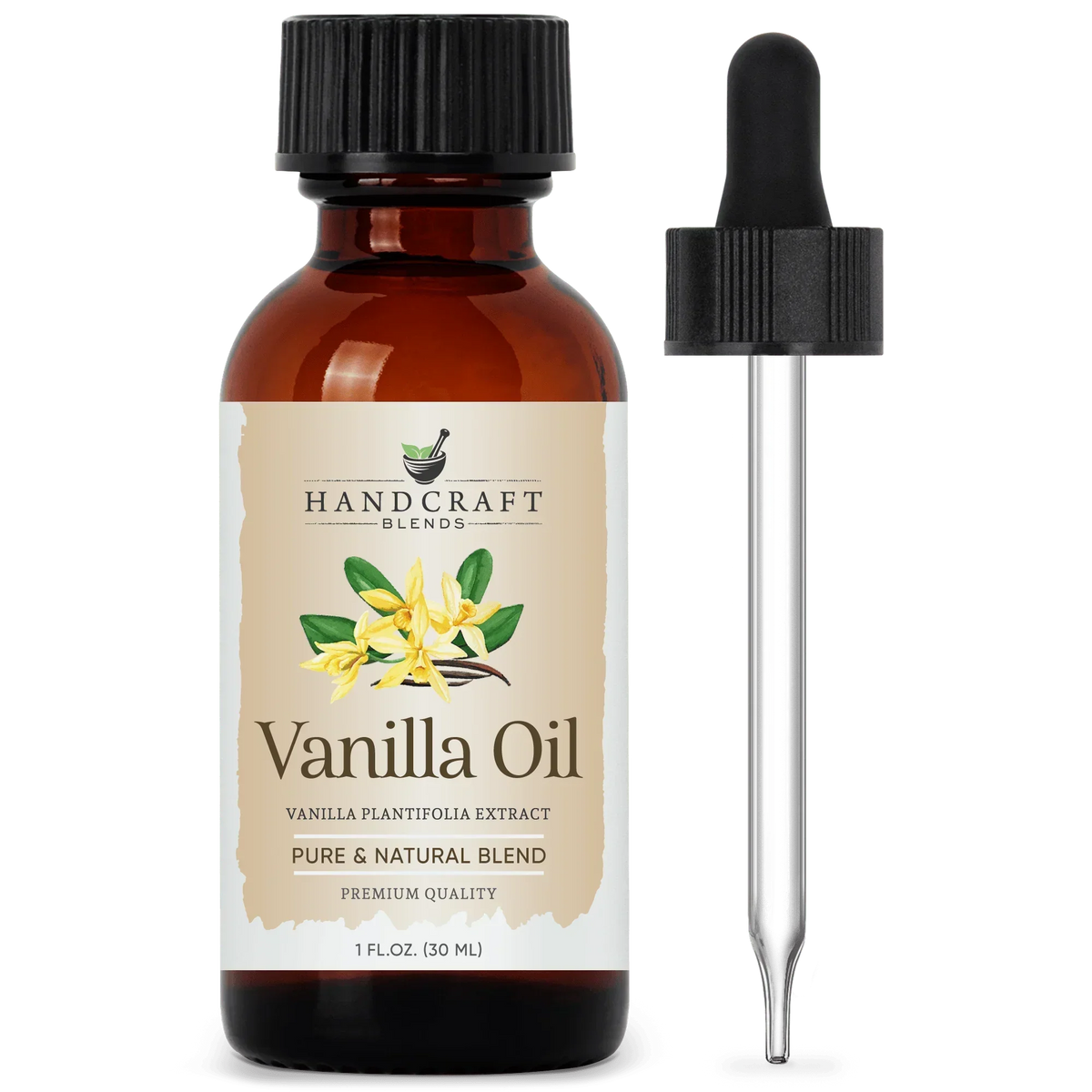Amber bottle labeled Vanilla Oil with vanilla flowers and dropper for aromatherapy