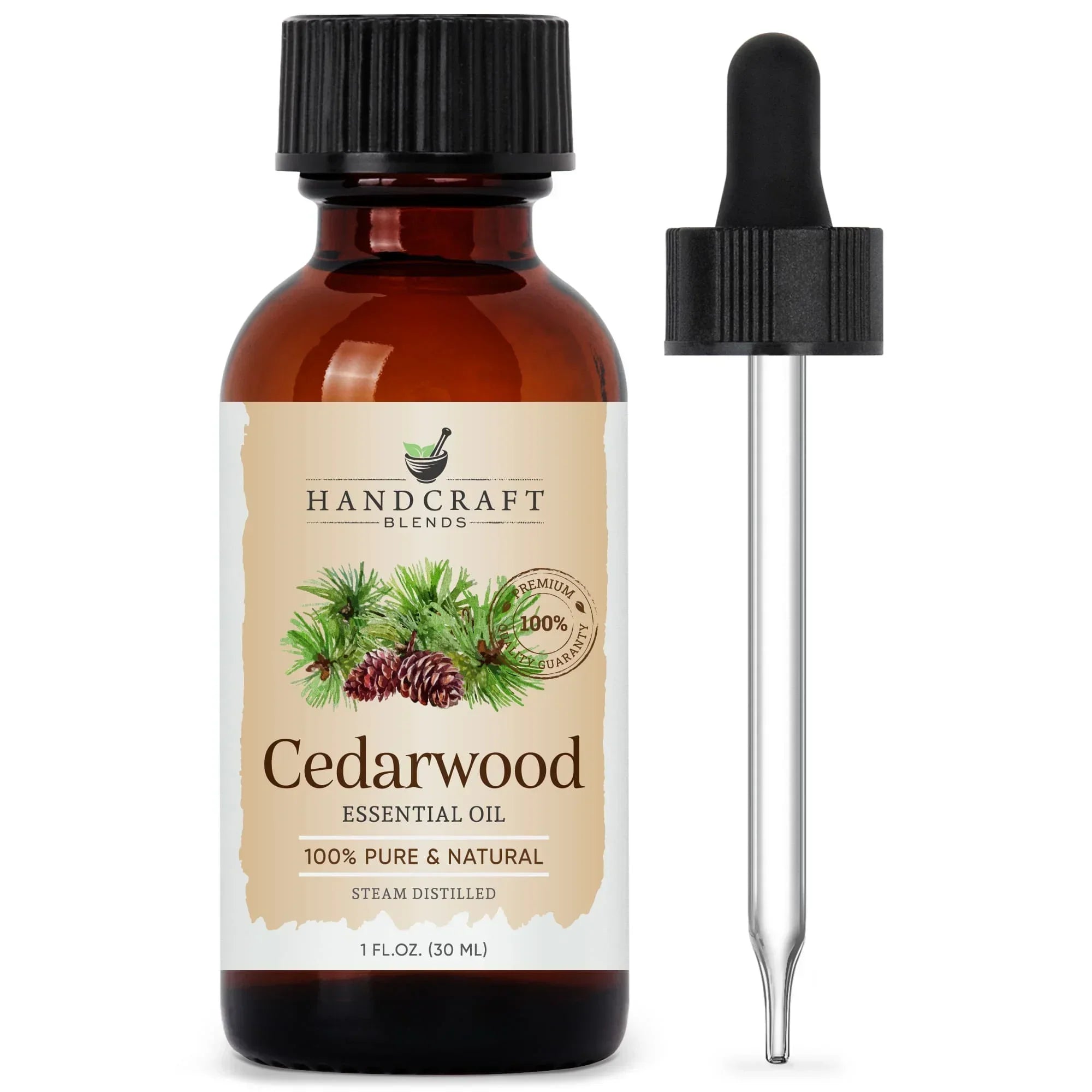 Amber bottle of cedarwood essential oil with dropper, labeled 100% pure and natural, 1 oz.