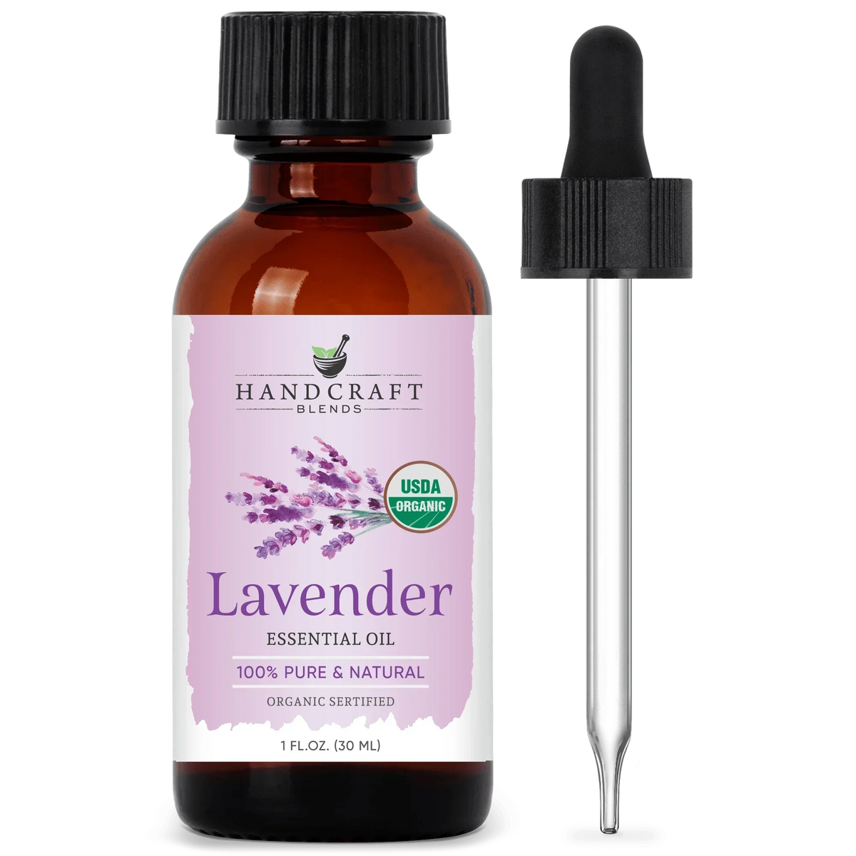 Lavender essential oil bottle with dropper, USDA organic, 1 oz, for aromatherapy