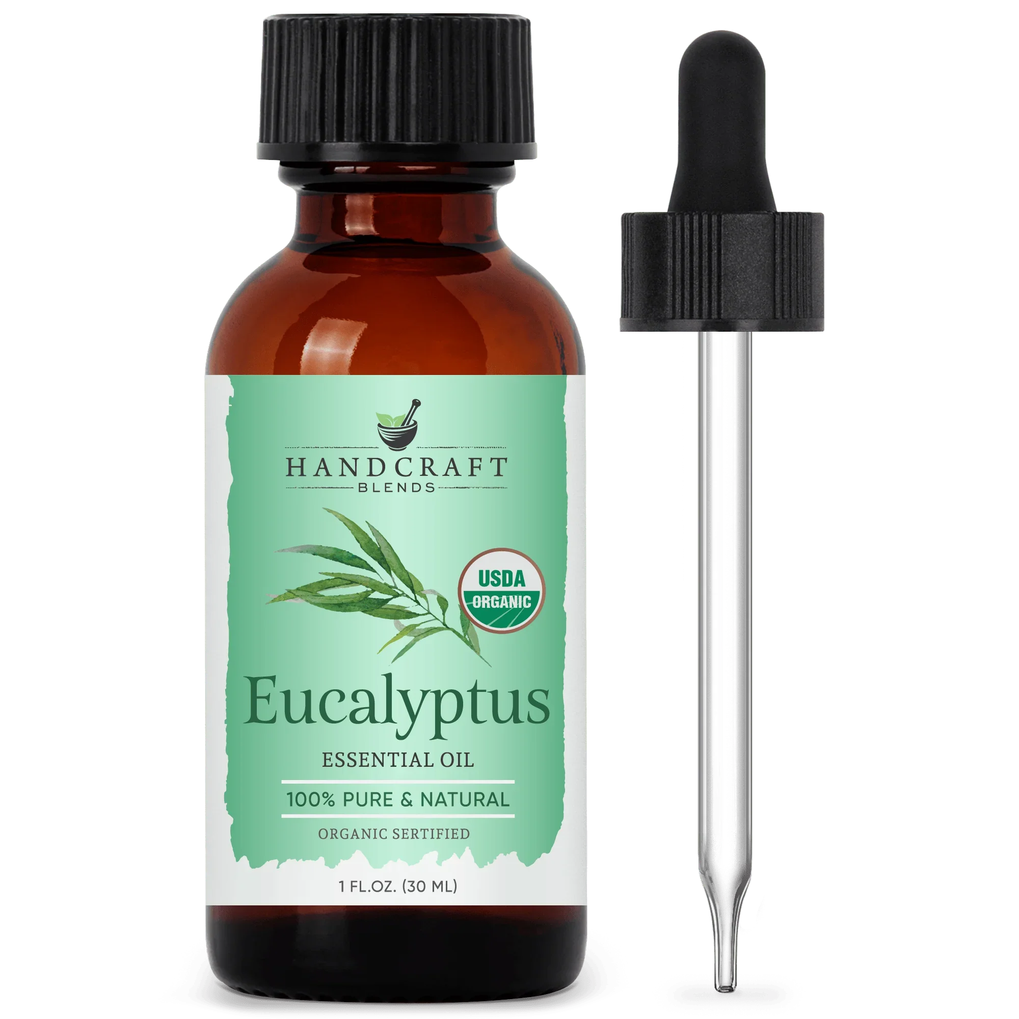 Amber bottle of organic eucalyptus essential oil with dropper, 1 oz, for aromatherapy