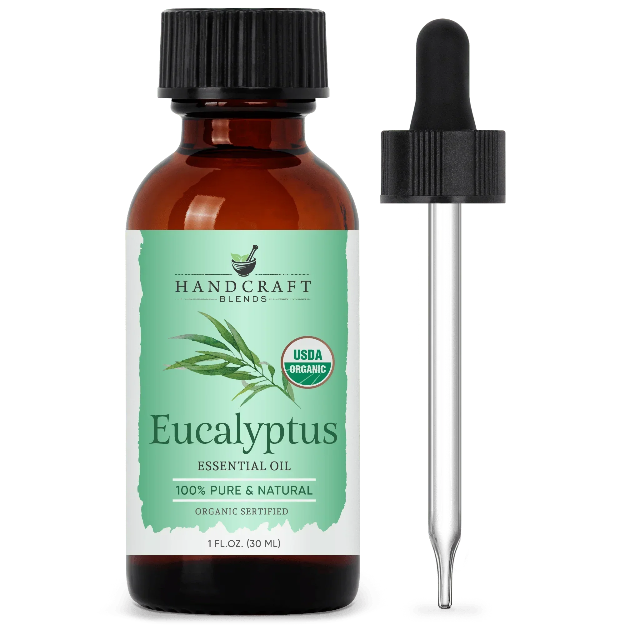 Amber bottle of organic eucalyptus essential oil with dropper, 1 oz, for aromatherapy