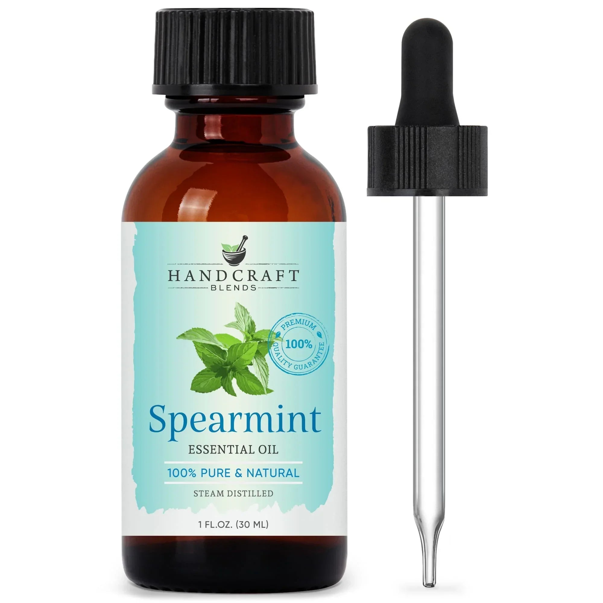 Spearmint essential oil bottle with dropper, 1 oz, labeled 100% pure and natural.
