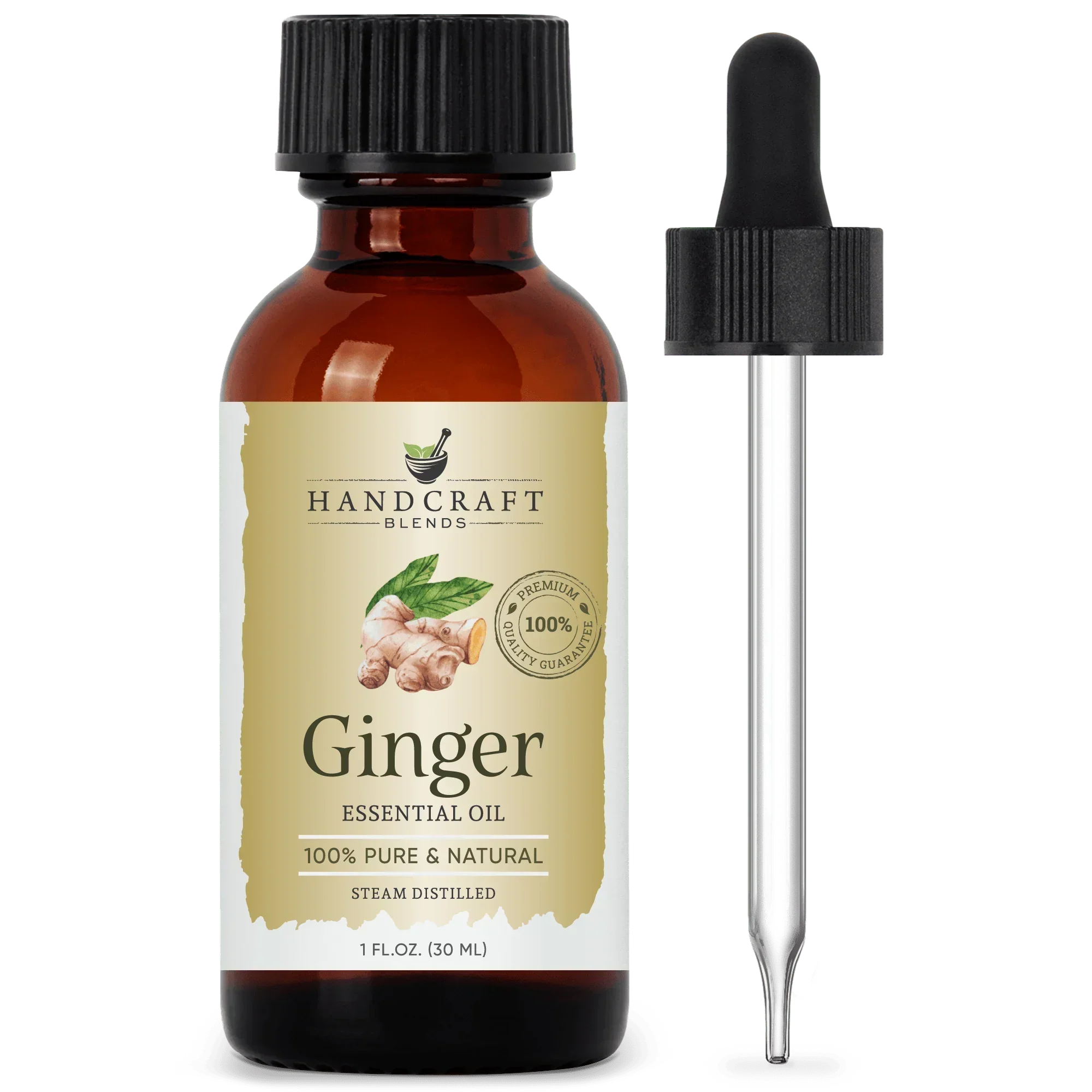 Ginger essential oil bottle with dropper, 100% pure and natural, 1 oz, steam distilled.