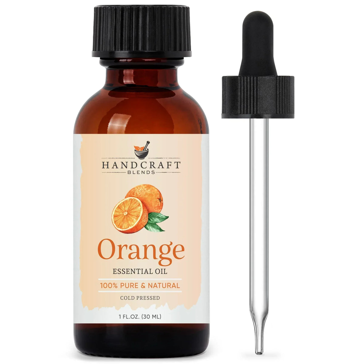 Amber glass bottle of orange essential oil with dropper, labeled 100% pure and natural.