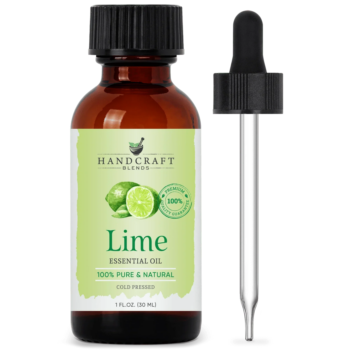 Lime essential oil bottle with dropper, labeled 100% pure and natural, 1 fl oz size