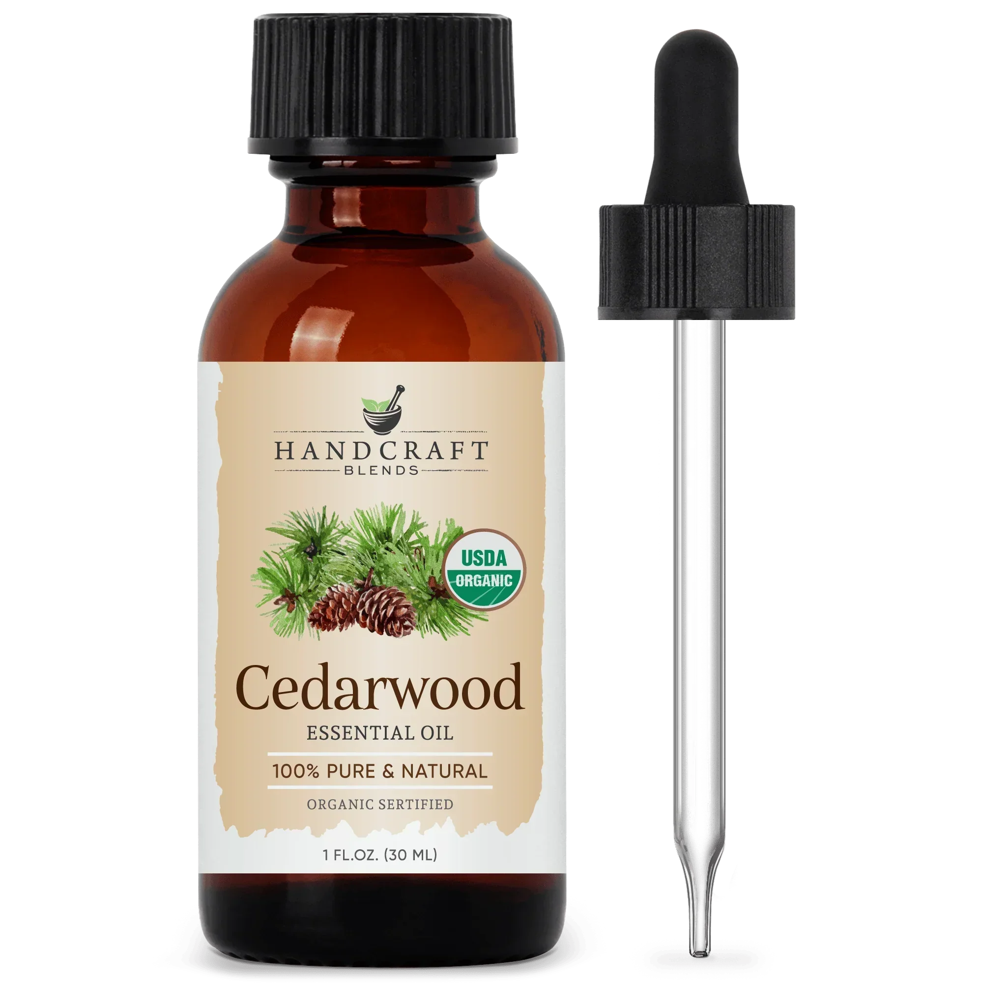 Cedarwood essential oil bottle with dropper, USDA organic, 1oz, aromatherapy product