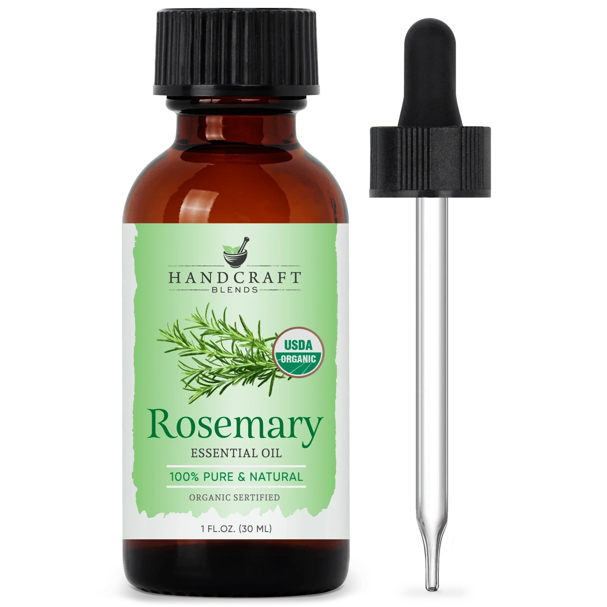 Amber bottle of organic rosemary essential oil with dropper, 1 oz, green label