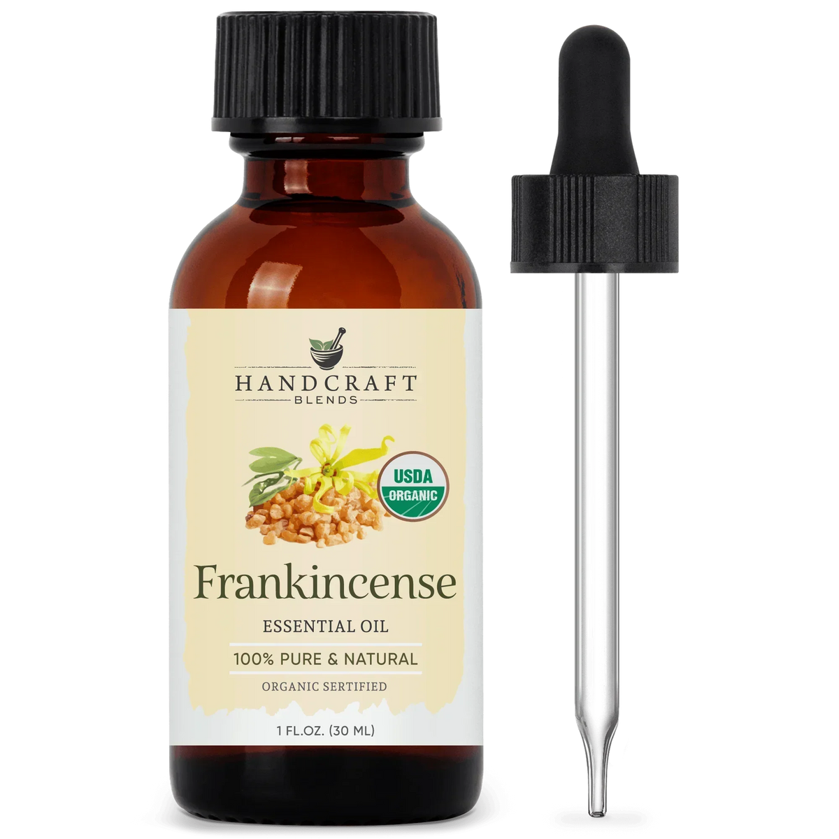 Frankincense essential oil bottle with dropper, USDA organic, 1 oz, pure and natural