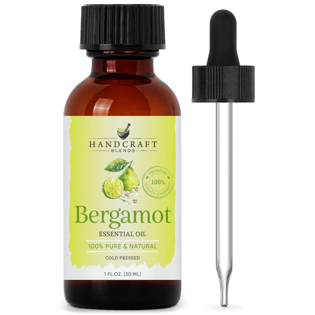 Amber glass bottle of bergamot essential oil with dropper, labeled pure and natural, 1 oz.