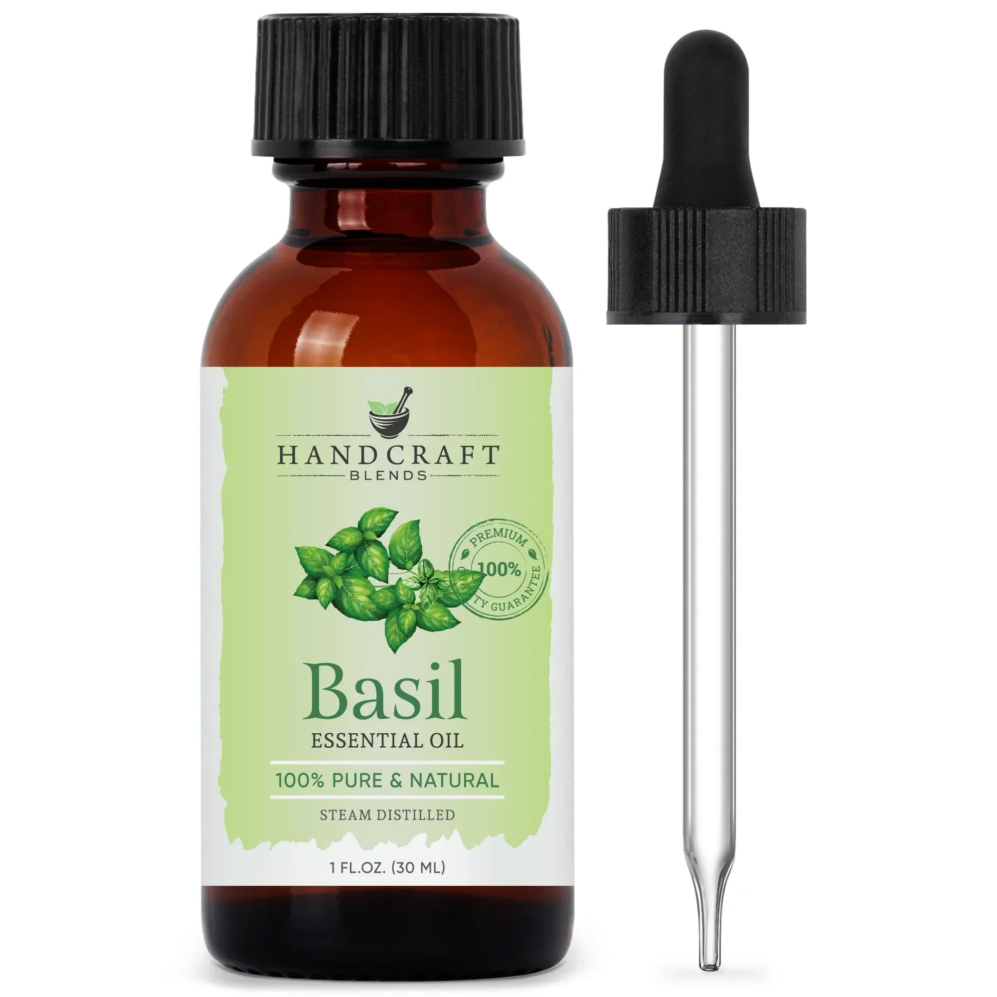 Amber bottle of basil essential oil with dropper, labeled 100% pure and natural, 1 oz