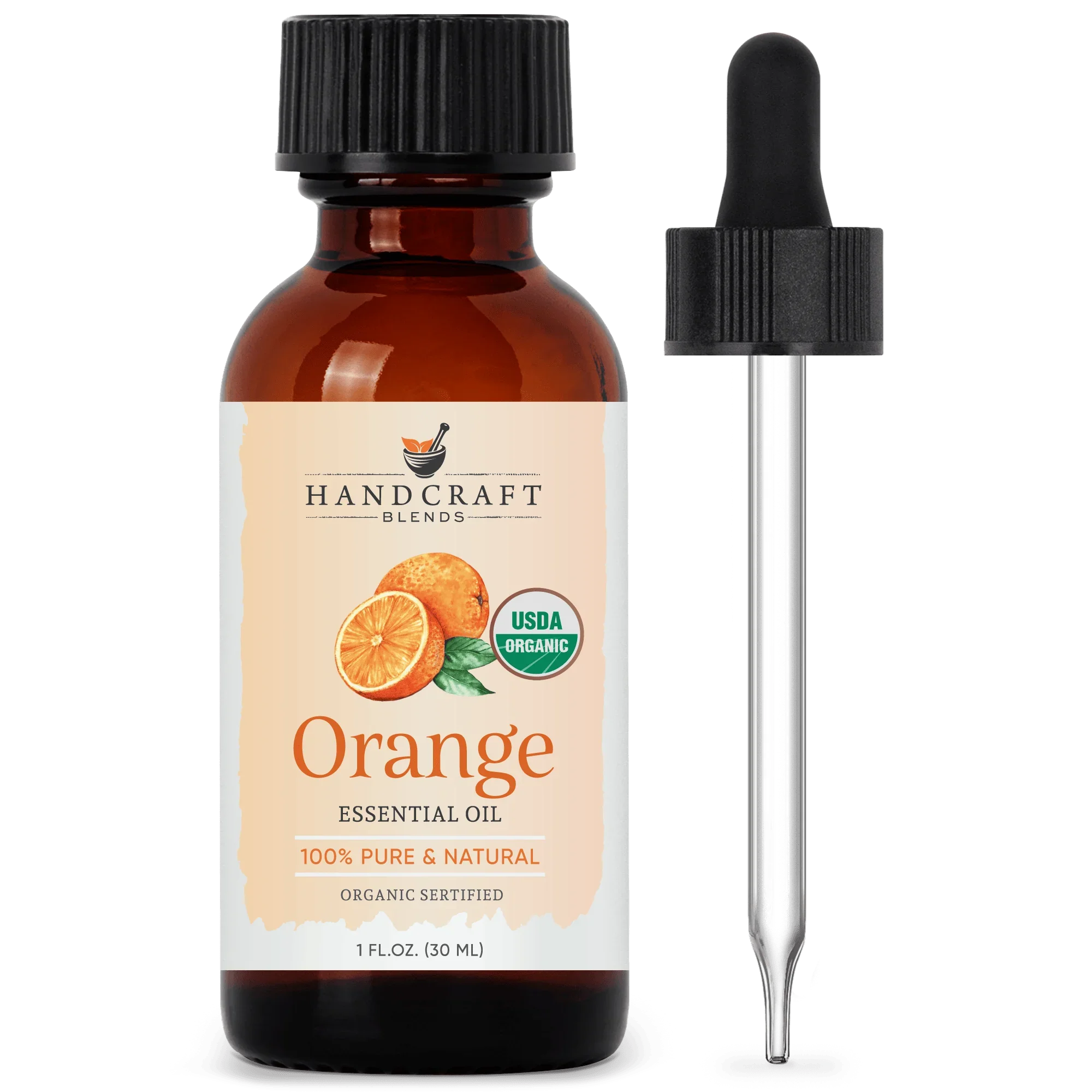 Amber bottle of organic orange essential oil with dropper, labeled pure and natural.