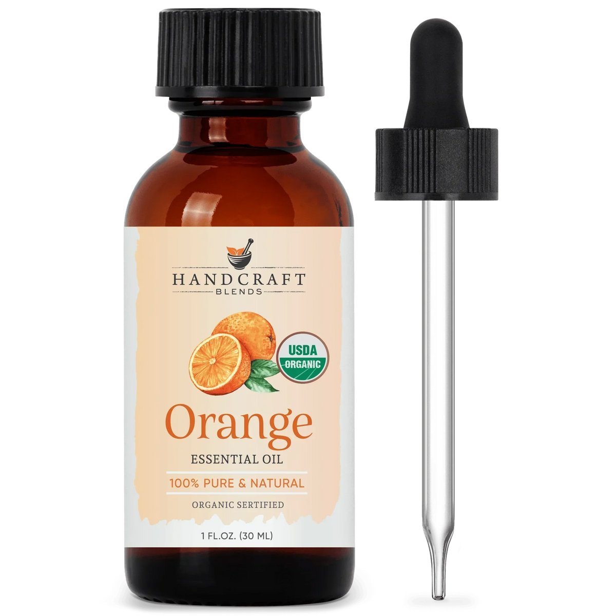Amber bottle of organic orange essential oil with dropper, labeled pure and natural.