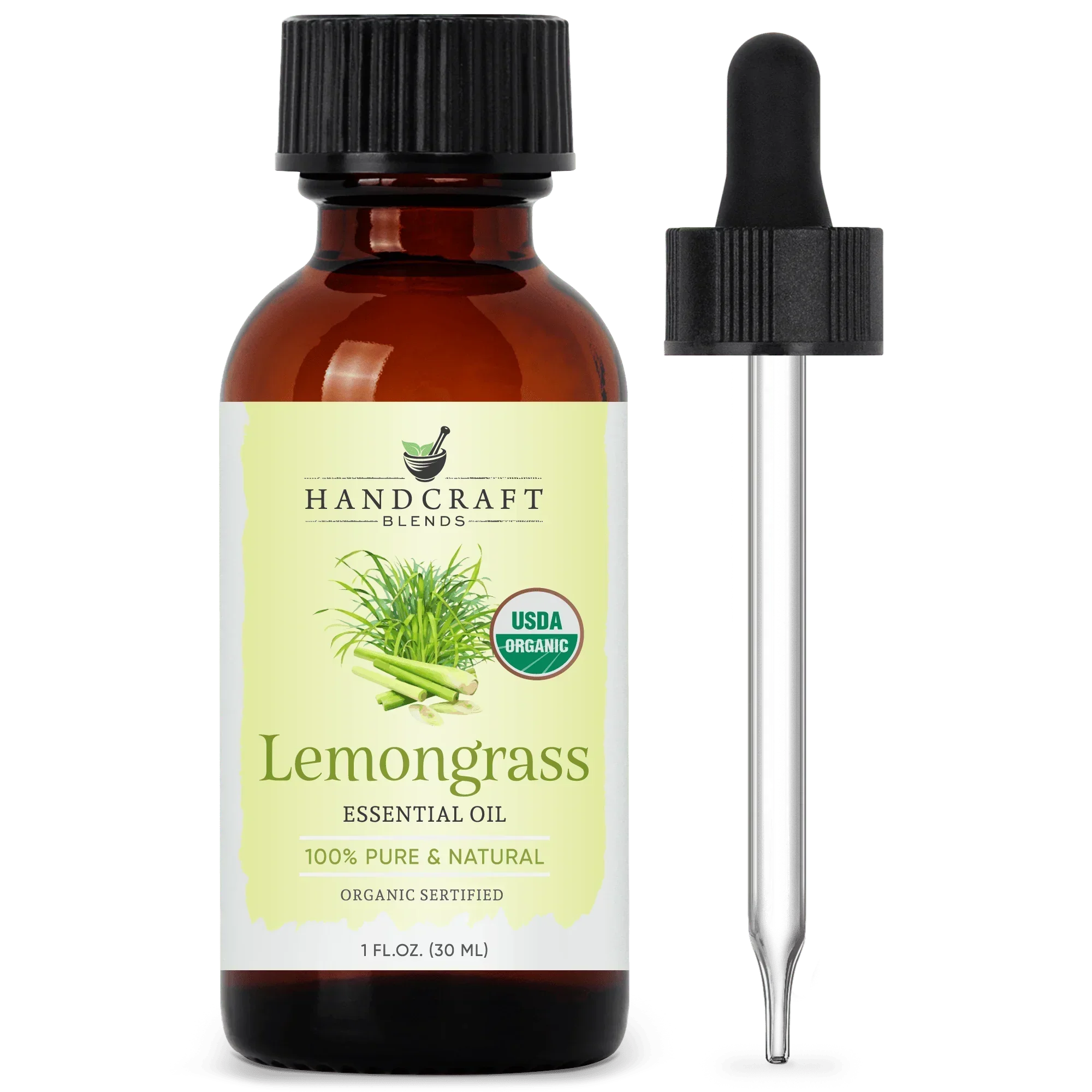 Amber glass bottle of lemongrass essential oil with dropper, USDA organic label visible.
