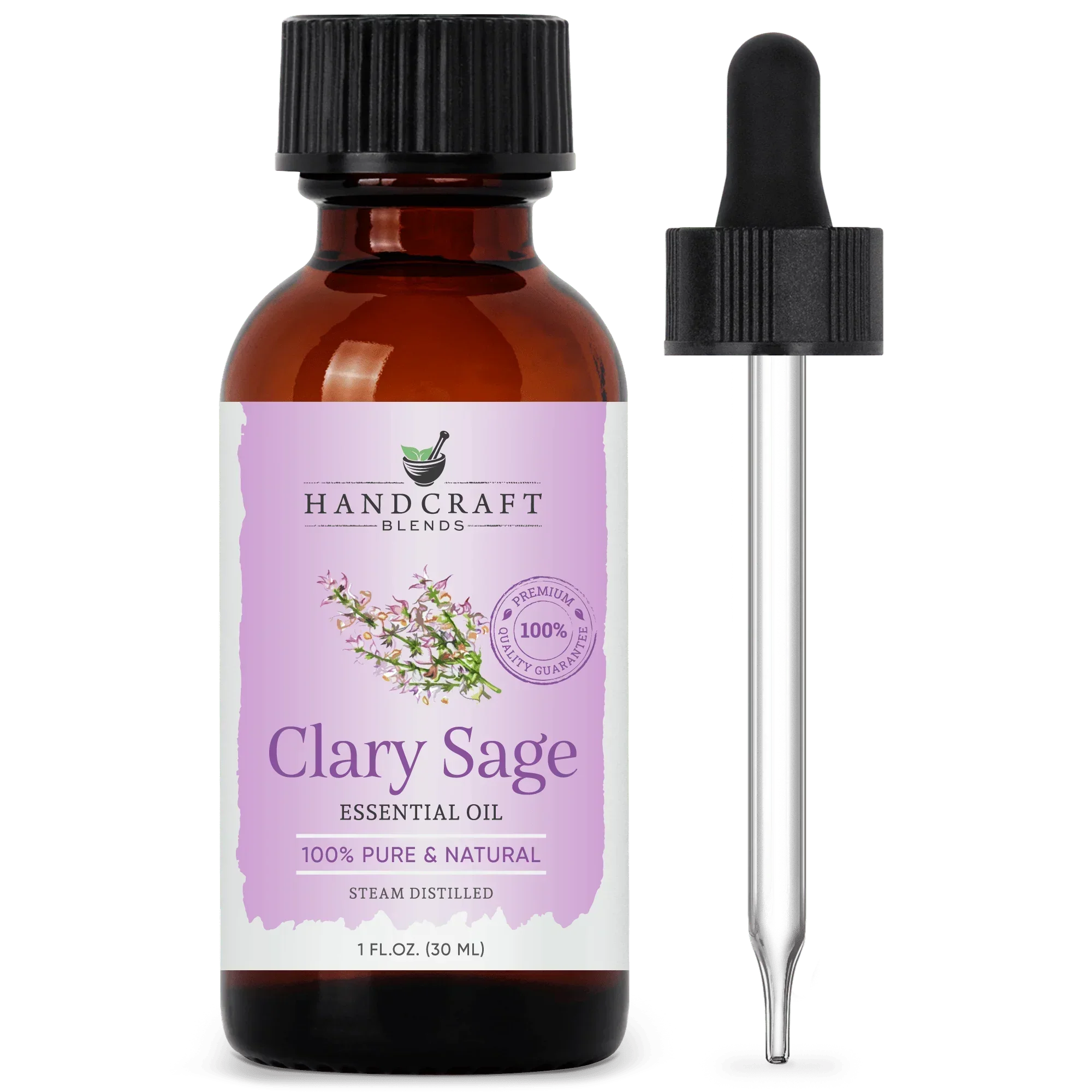 Clary sage essential oil bottle with dropper, 1oz, labeled 100% pure and natural, steam distilled.