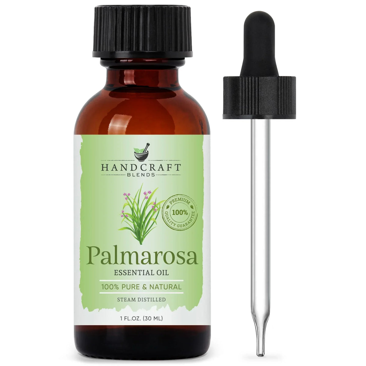 Palmarosa essential oil amber glass bottle with dropper, 1 oz, steam distilled, natural aromatherapy
