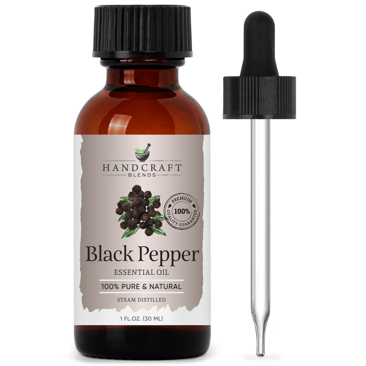 Amber bottle of Black Pepper essential oil with dropper, 100% pure and natural, 1 oz size