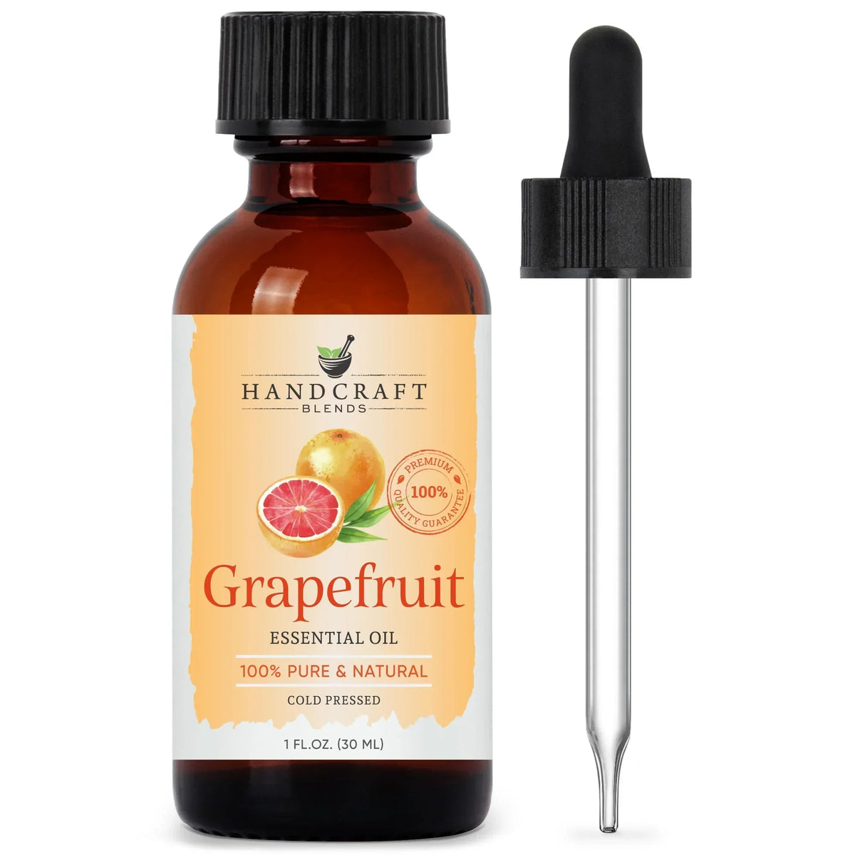 Amber bottle of grapefruit essential oil with dropper, aromatherapy product on white background.