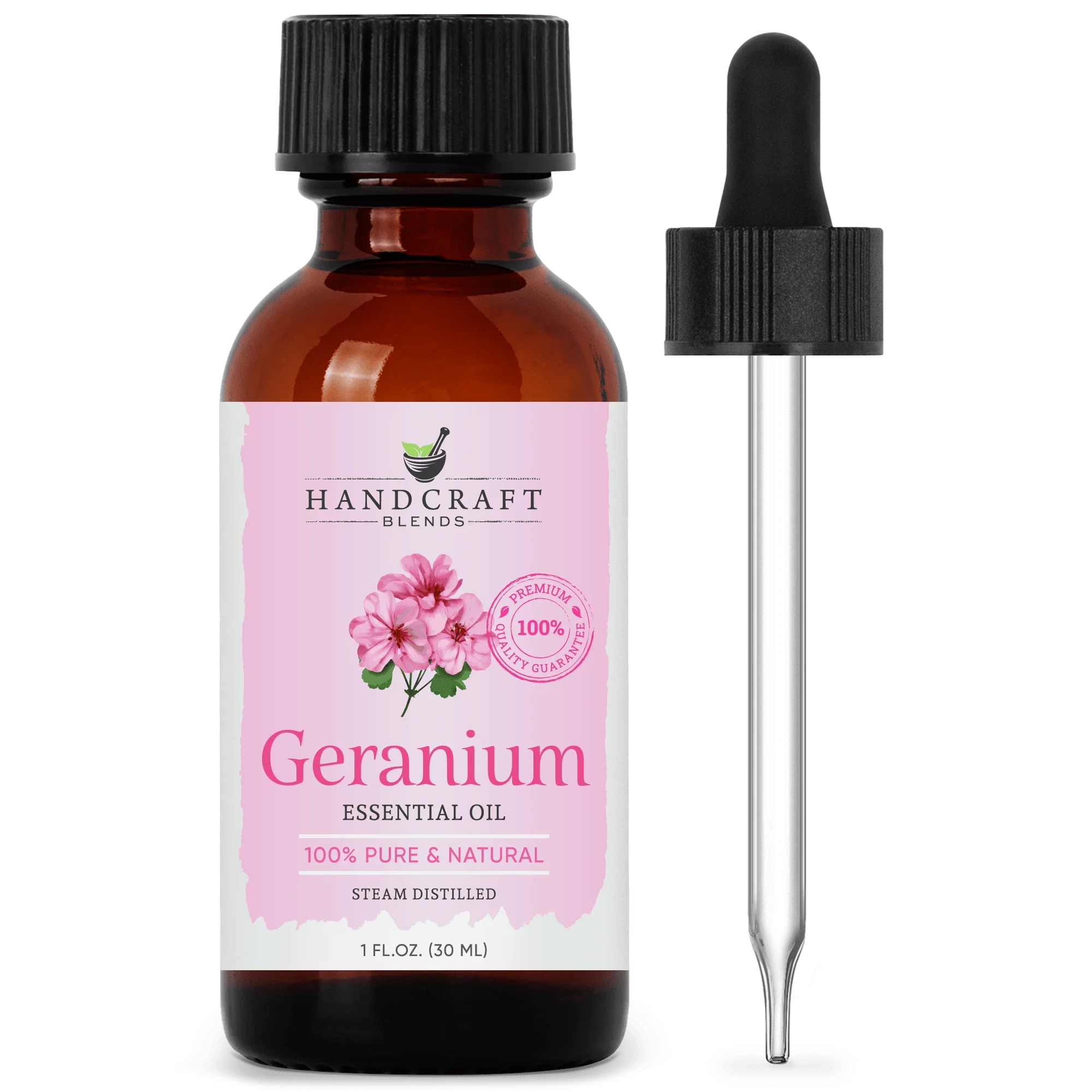 Geranium essential oil 1oz amber bottle with pink label and dropper for aromatherapy