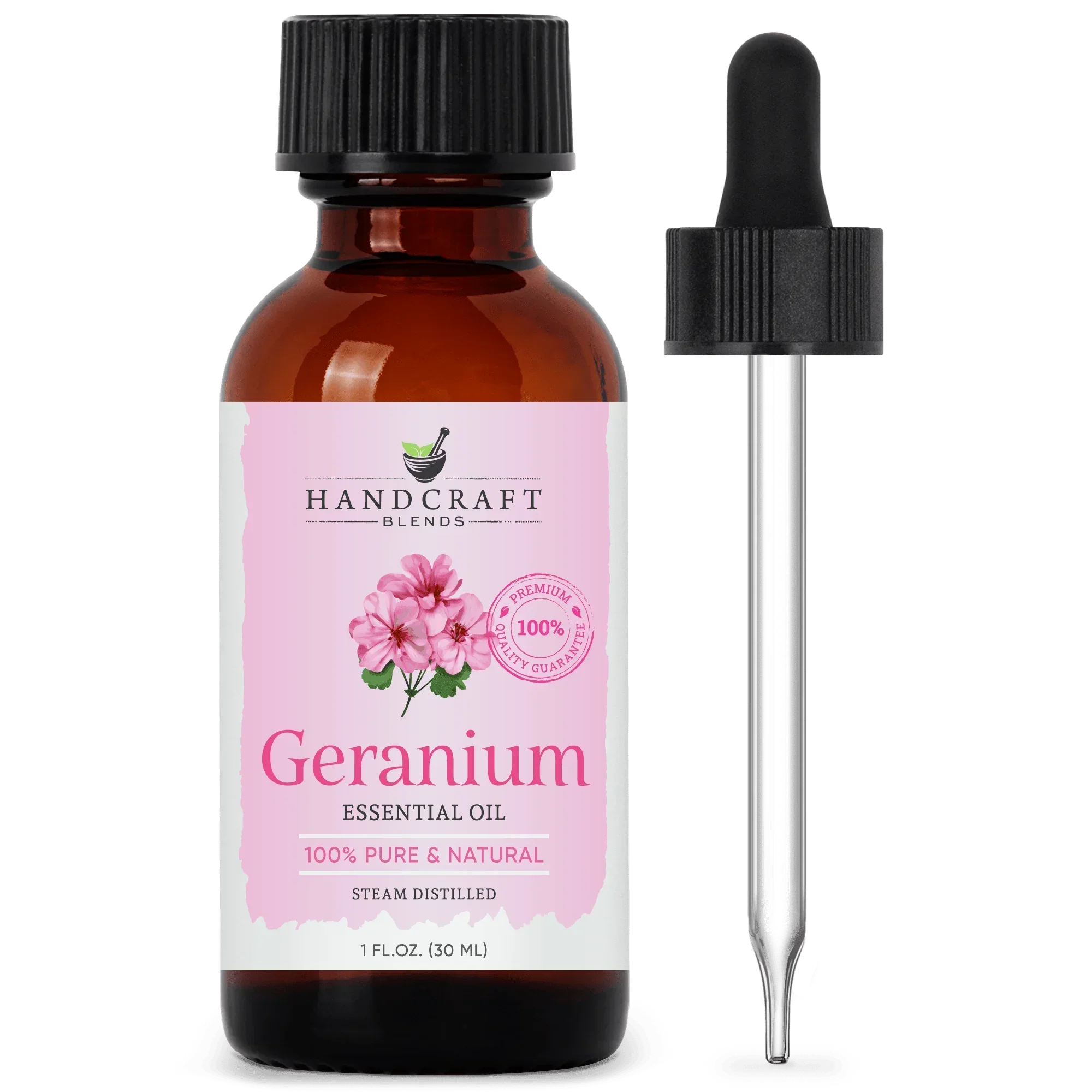 Geranium essential oil 1oz amber bottle with pink label and dropper for aromatherapy