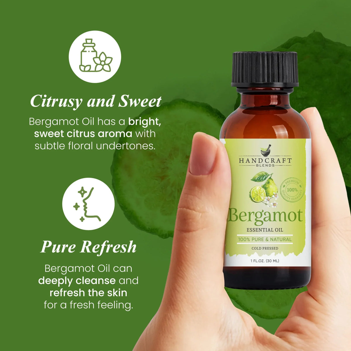 Hand holding a bottle of bergamot essential oil with green label, sliced bergamot in background.