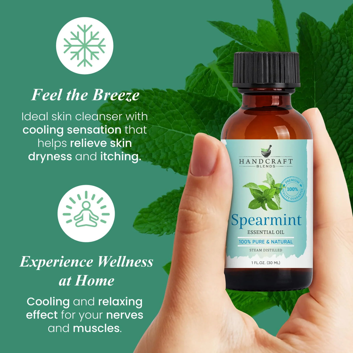 Hand holding bottle of spearmint essential oil with mint leaves and product benefits text