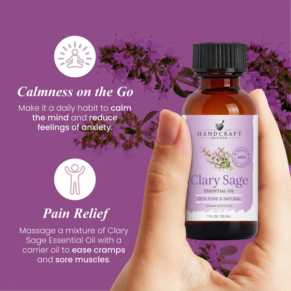 Clary Sage essential oil bottle held in hand with text highlighting calming and pain relief benefits, purple floral background.