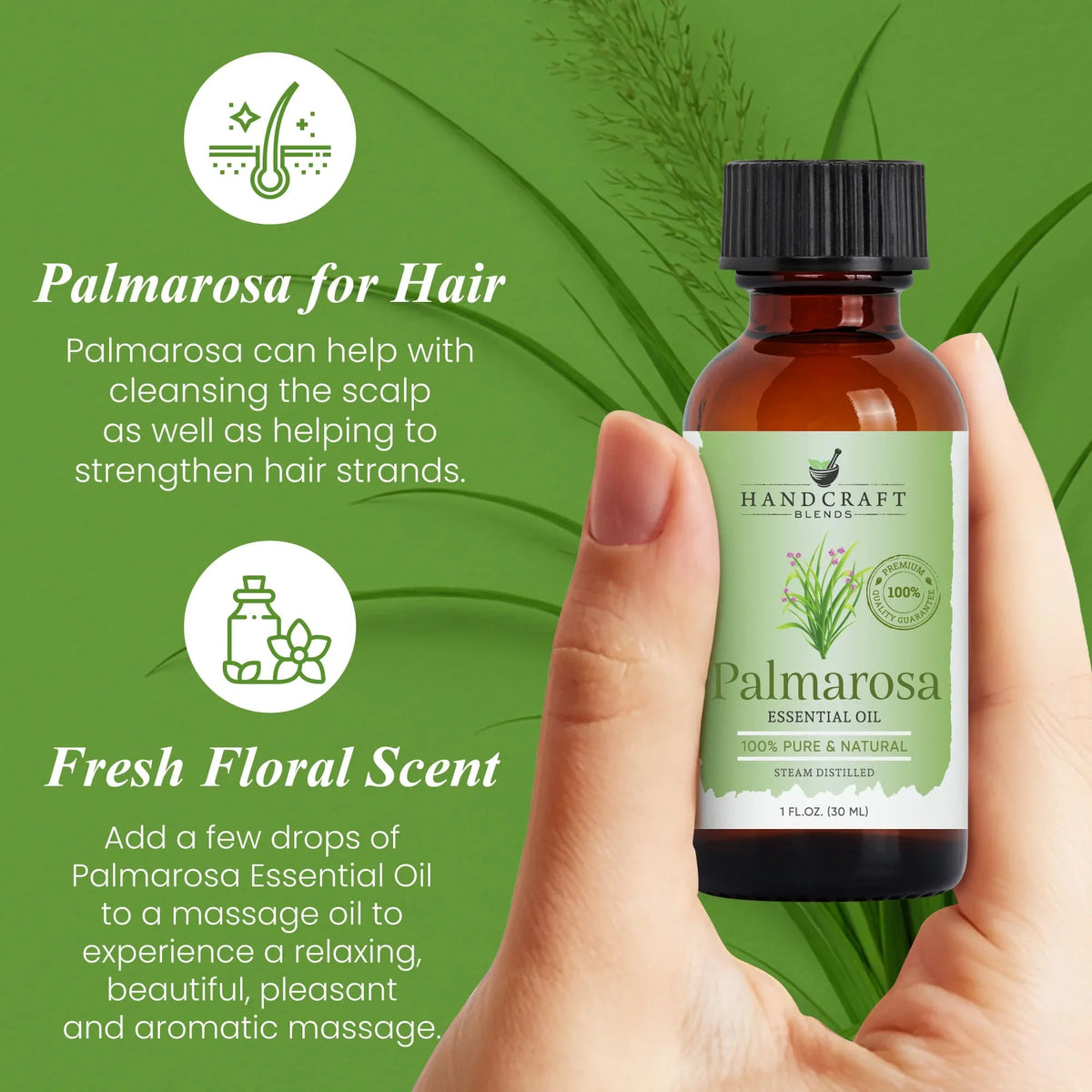 Hand holding Palmarosa essential oil bottle with text about hair and floral scent benefits, green background.