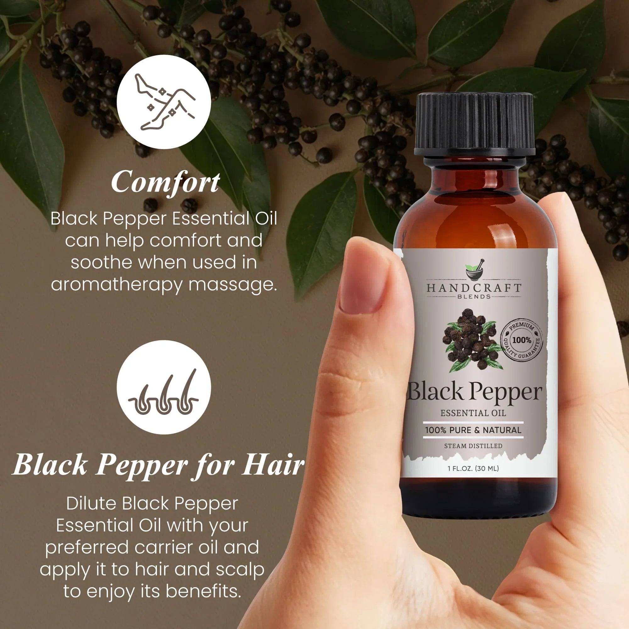 Hand holding a bottle of black pepper essential oil with fresh peppercorns and leaves, aromatherapy benefits text.
