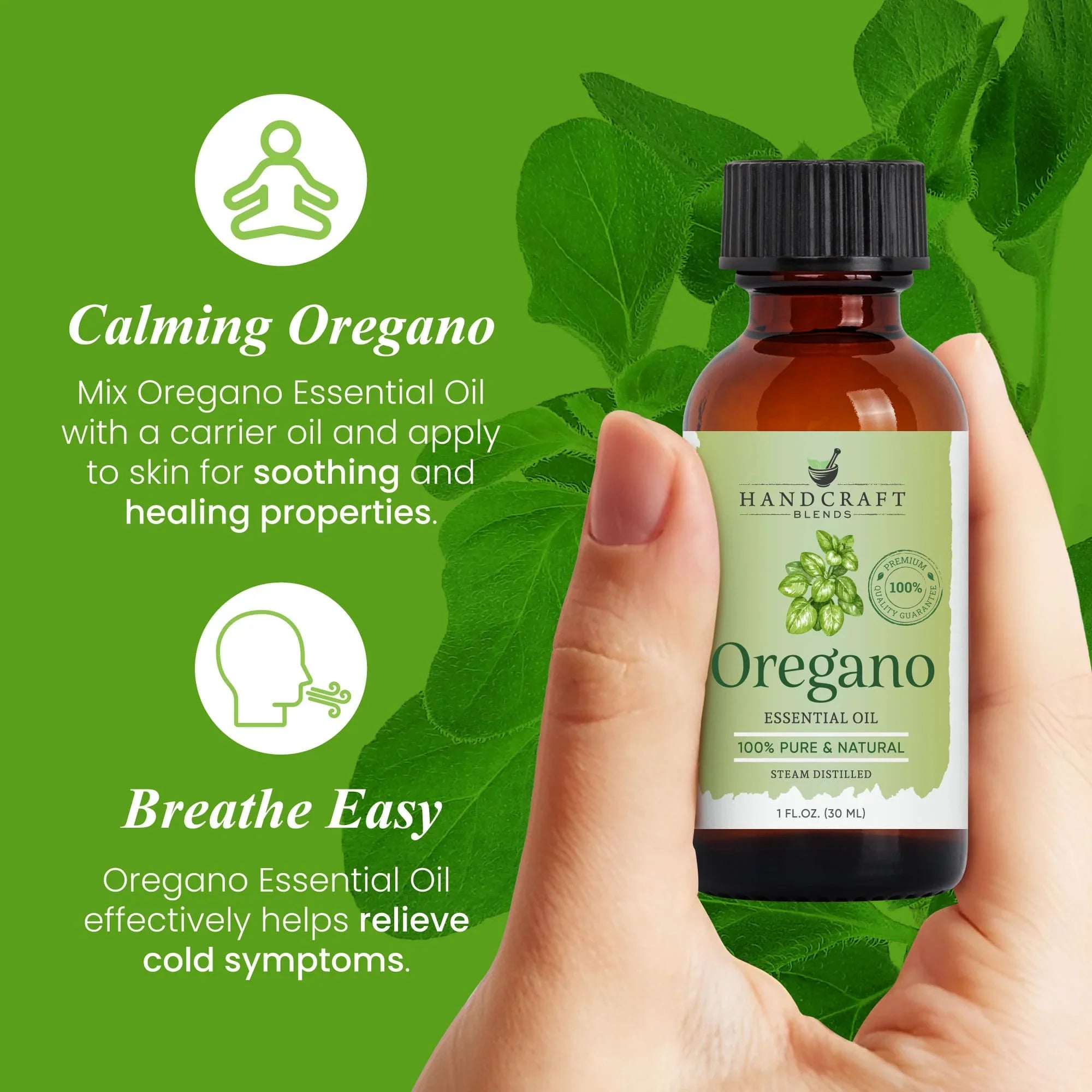 Hand holding a brown bottle of Oregano essential oil with green label, oregano leaves background, text highlighting soothing and healing properties.