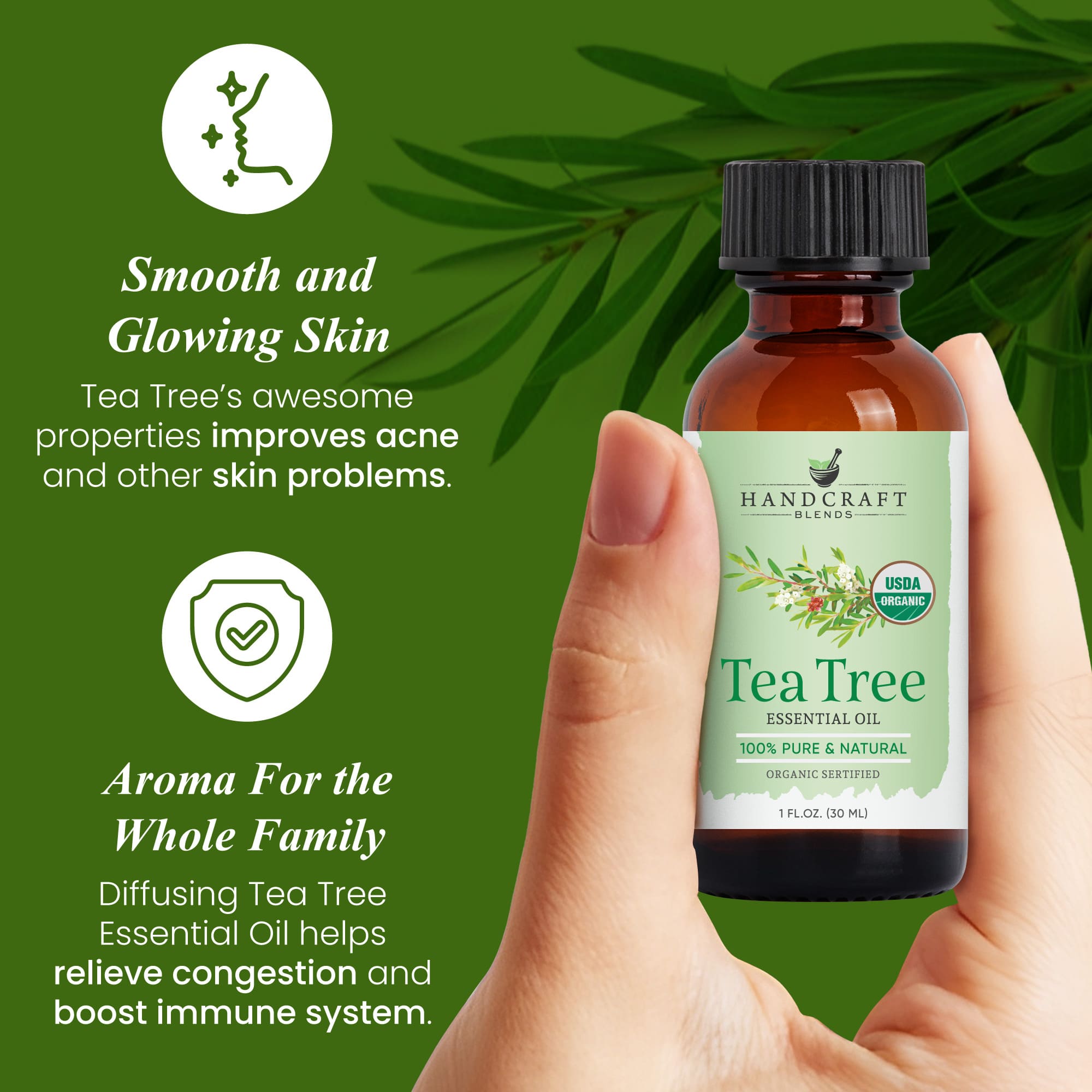 Hand holding a bottle of organic tea tree essential oil on green background with text about skin and aromatherapy benefits.
