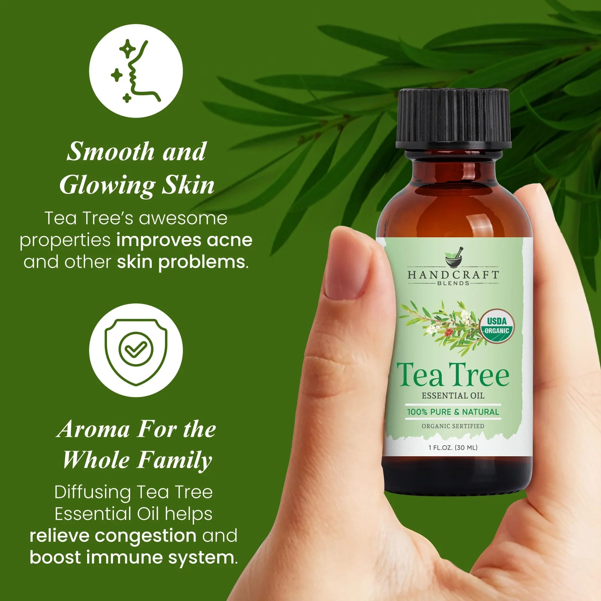 Hand holding a bottle of organic tea tree essential oil on green background with text about skin and aromatherapy benefits.