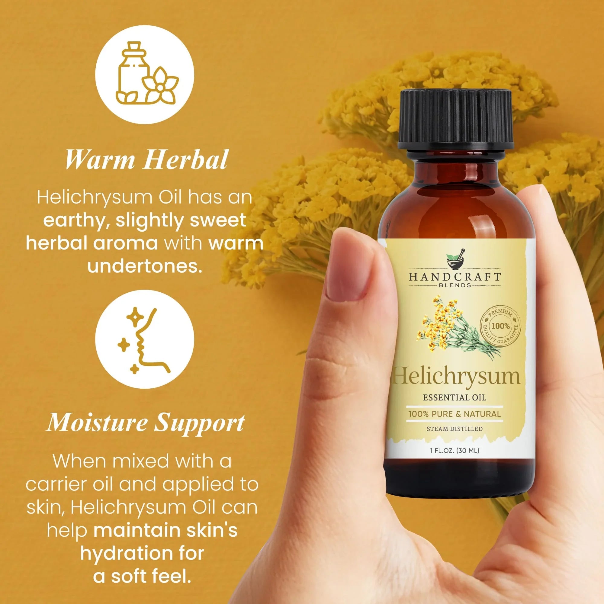Hand holding a Helichrysum essential oil bottle with yellow flowers and benefit highlights.
