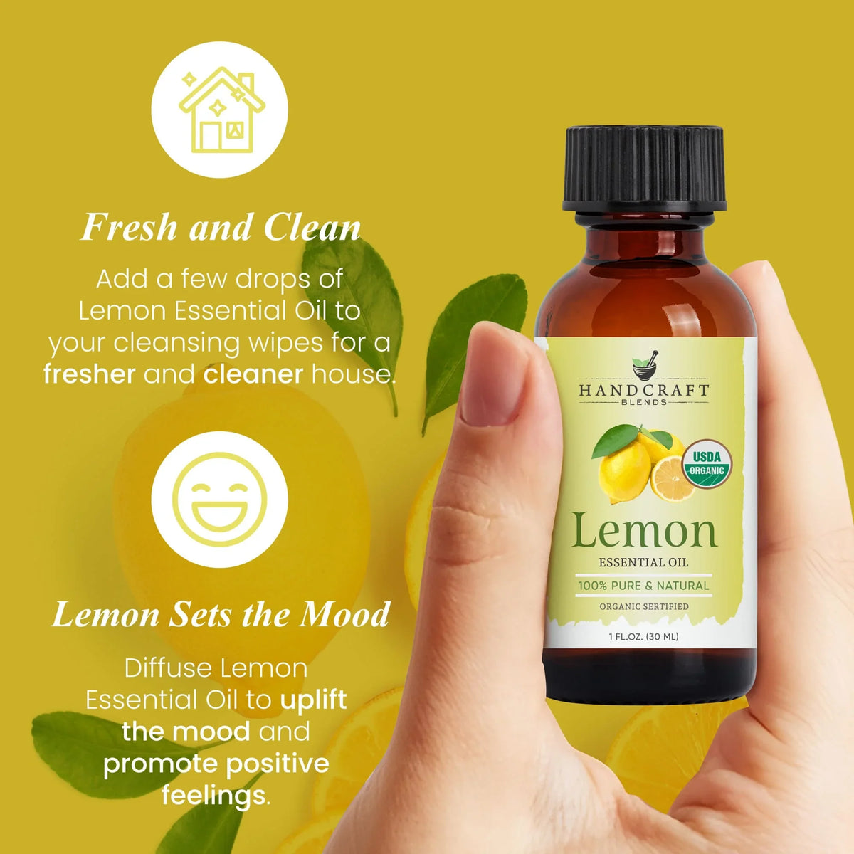 Hand holding 1oz bottle of lemon essential oil with fresh lemons and benefits text on yellow background.