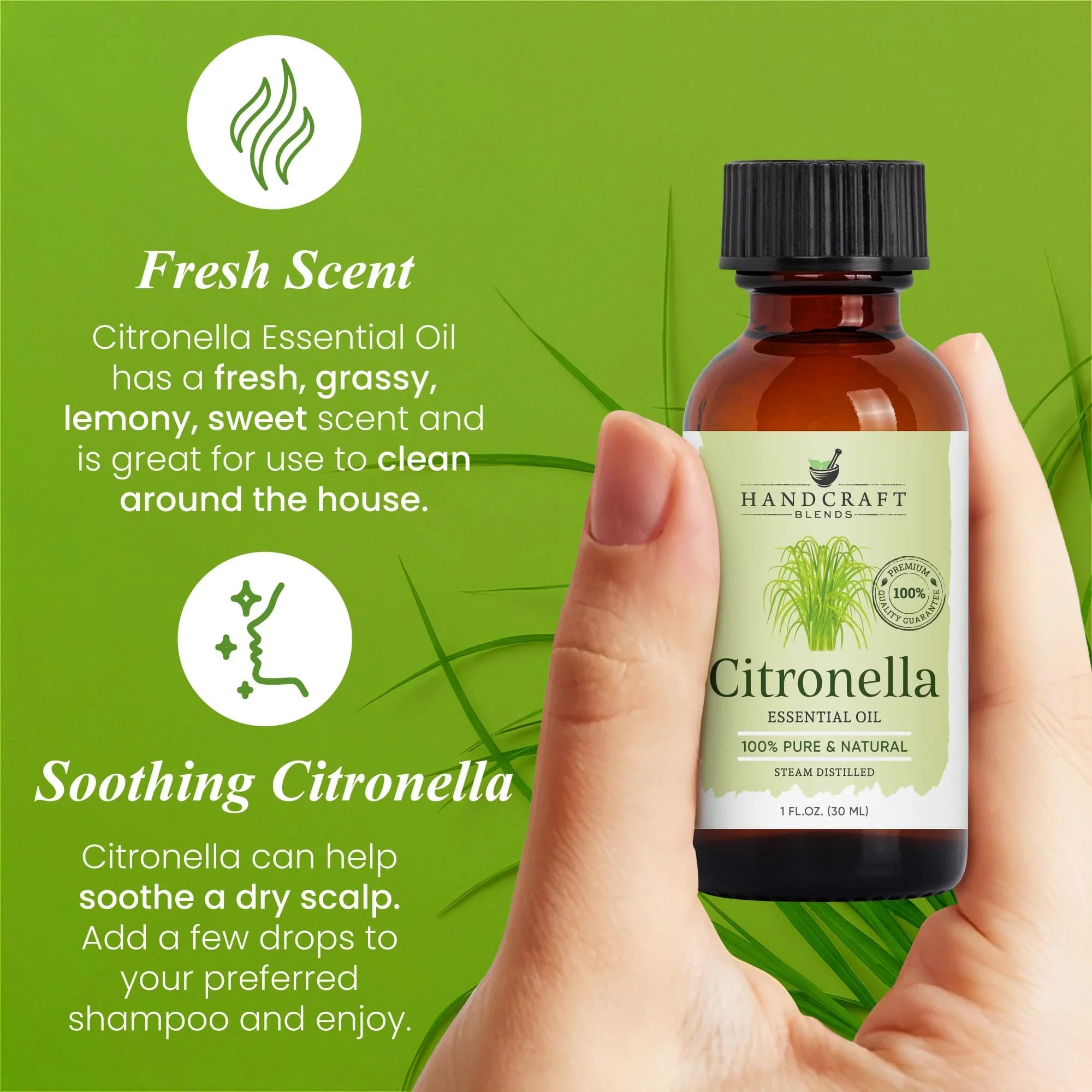 Hand holding citronella essential oil bottle with green label, promoting fresh scent and scalp soothing benefits on a green background.