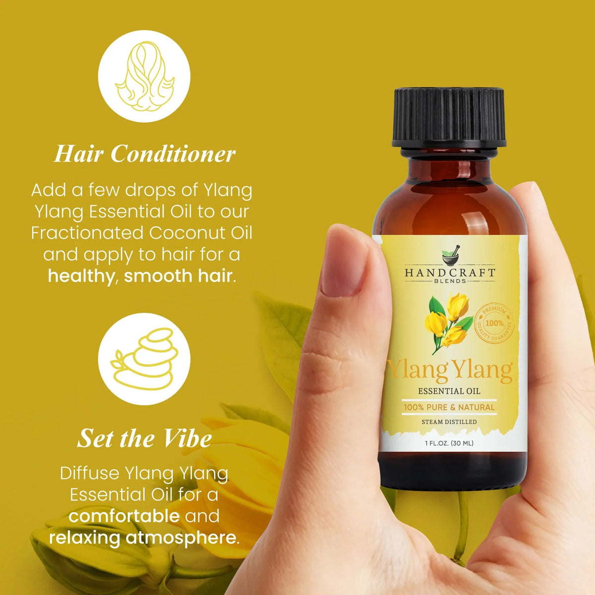 Hand holding Ylang Ylang essential oil bottle, yellow floral background, aromatherapy and hair care tips.