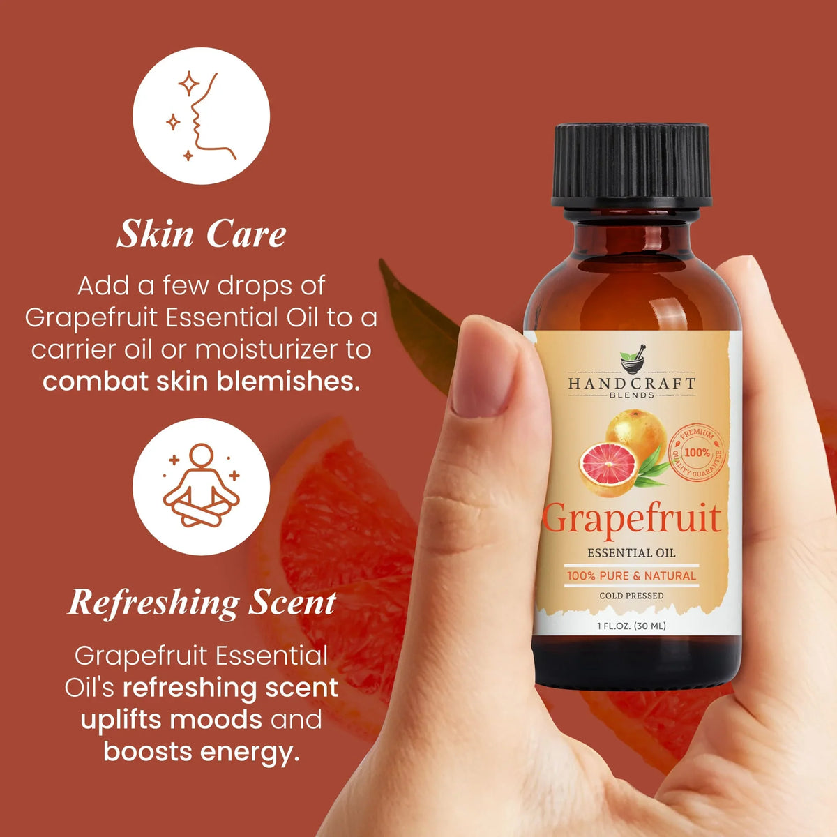 Hand holding Grapefruit Essential Oil bottle for skincare and aromatherapy benefits
