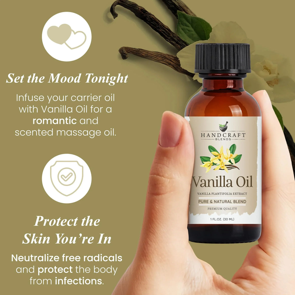 Hand holding amber bottle of vanilla oil extract, vanilla flower and pods in background, massage oil benefits text.