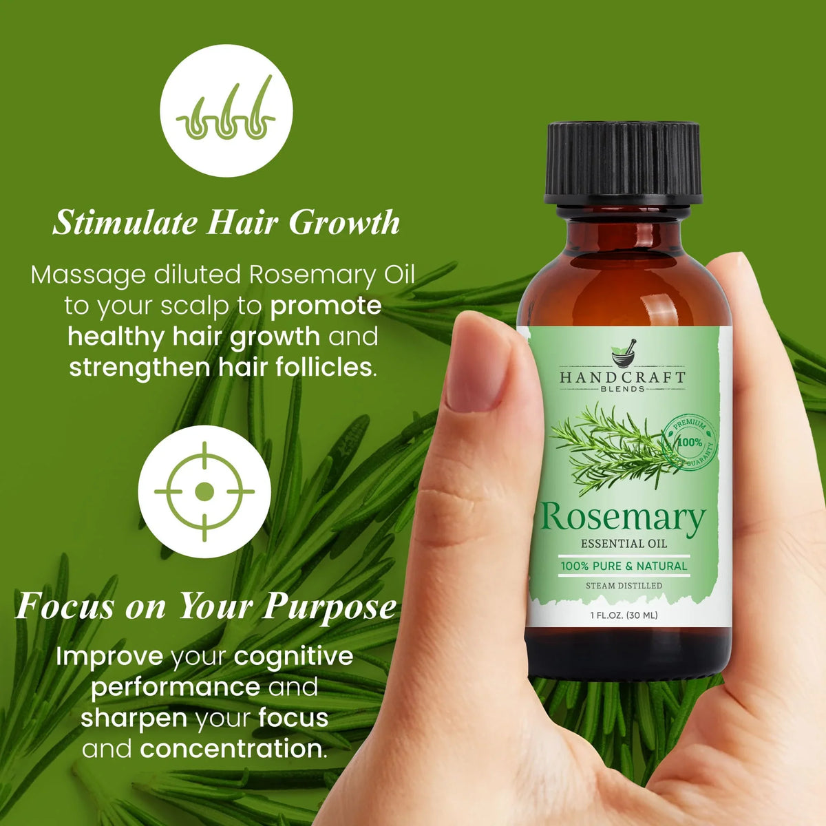 Hand holding a bottle of rosemary essential oil with rosemary sprigs and benefits text on green background